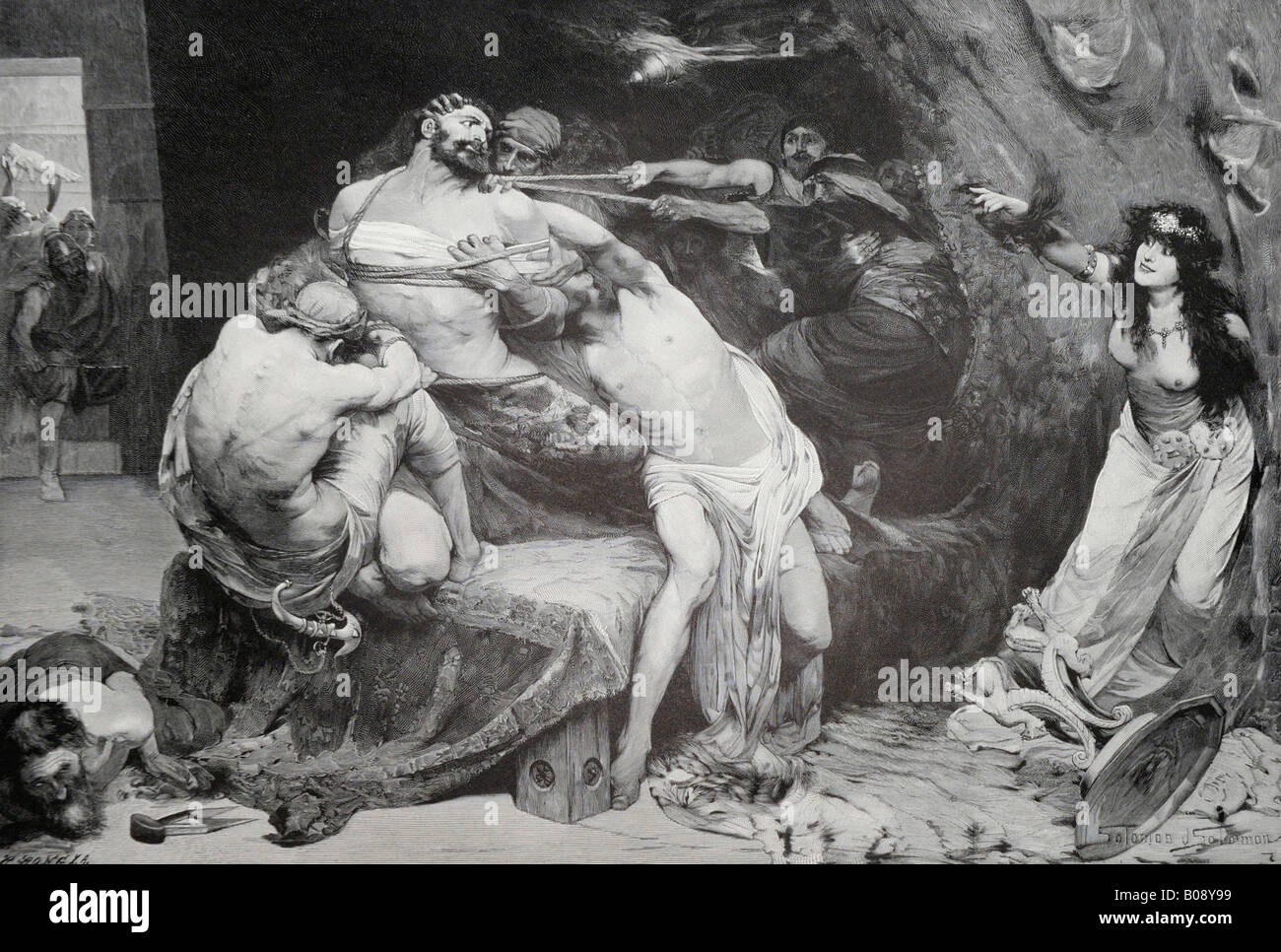 "Samson Und Dalila,', Holzschnitt von Samson und Delilah, von 'Moderne Kunst in Meisterholzschnitten' 1903 Stockfoto