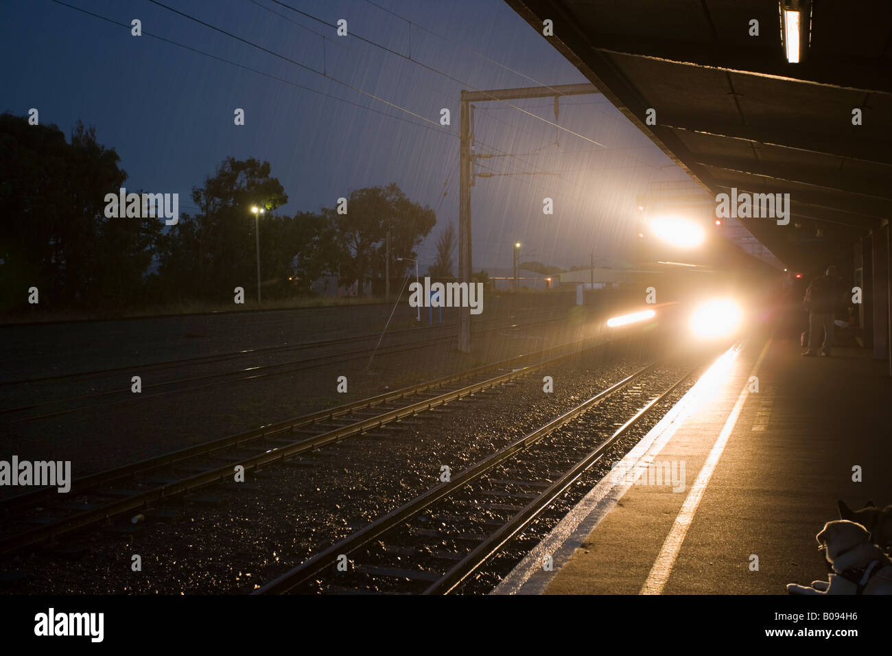 06:17-Pendler trainieren für Wellington an einem regnerischen Morgen an Palmerston North Station New Zealand Stockfoto