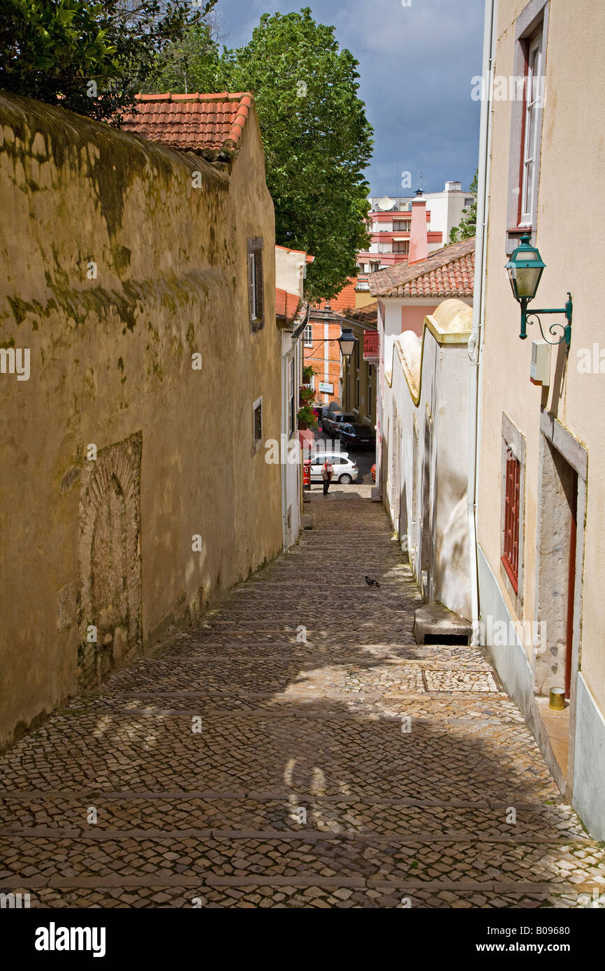 Sintra gepflasterten Straße, einer Tourismusregion par excellence, Portugal. Stockfoto