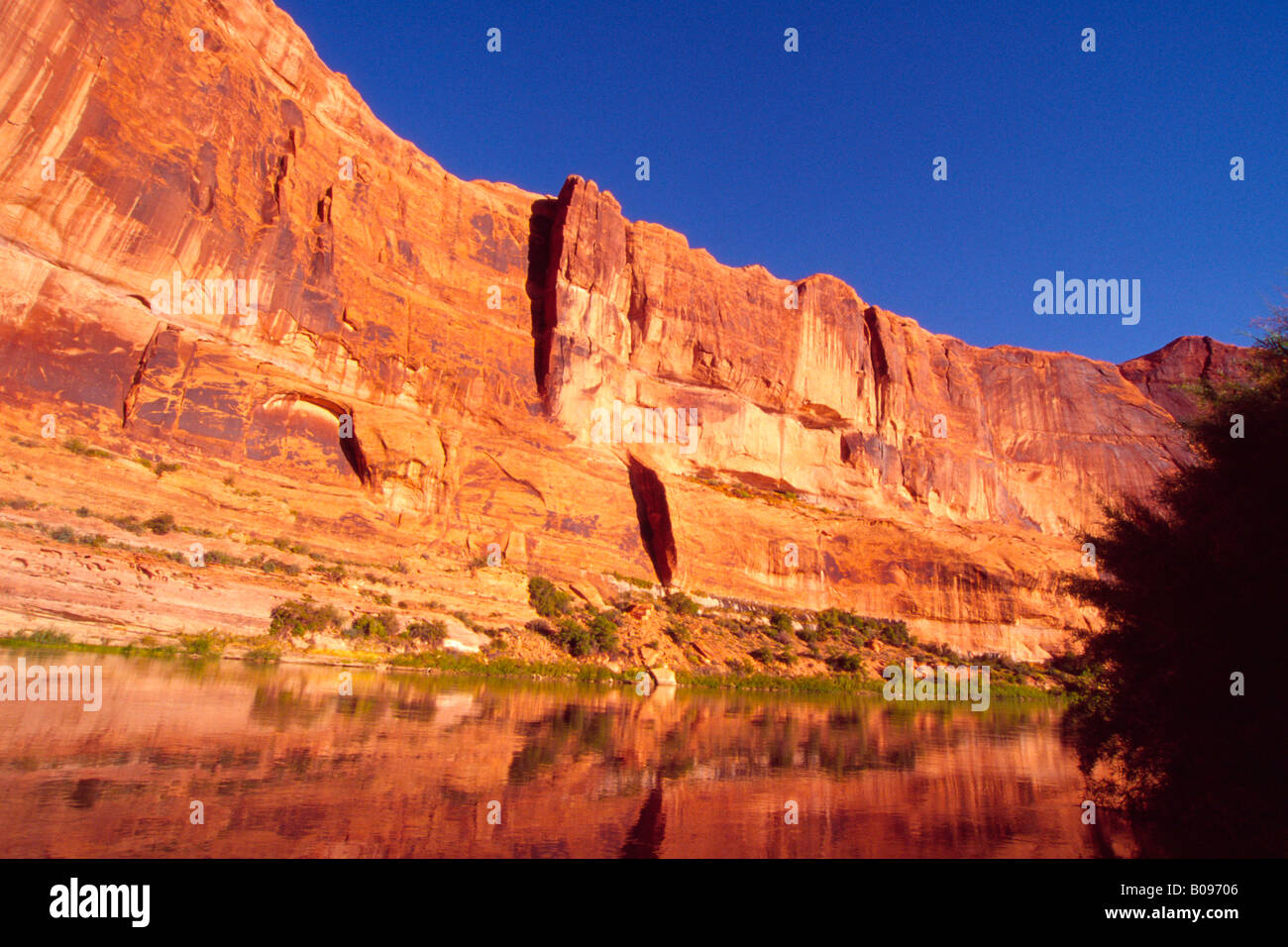 Rote Klippen, spiegelt sich in den Colorado River, Arches-Nationalpark, Utah, USA Stockfoto