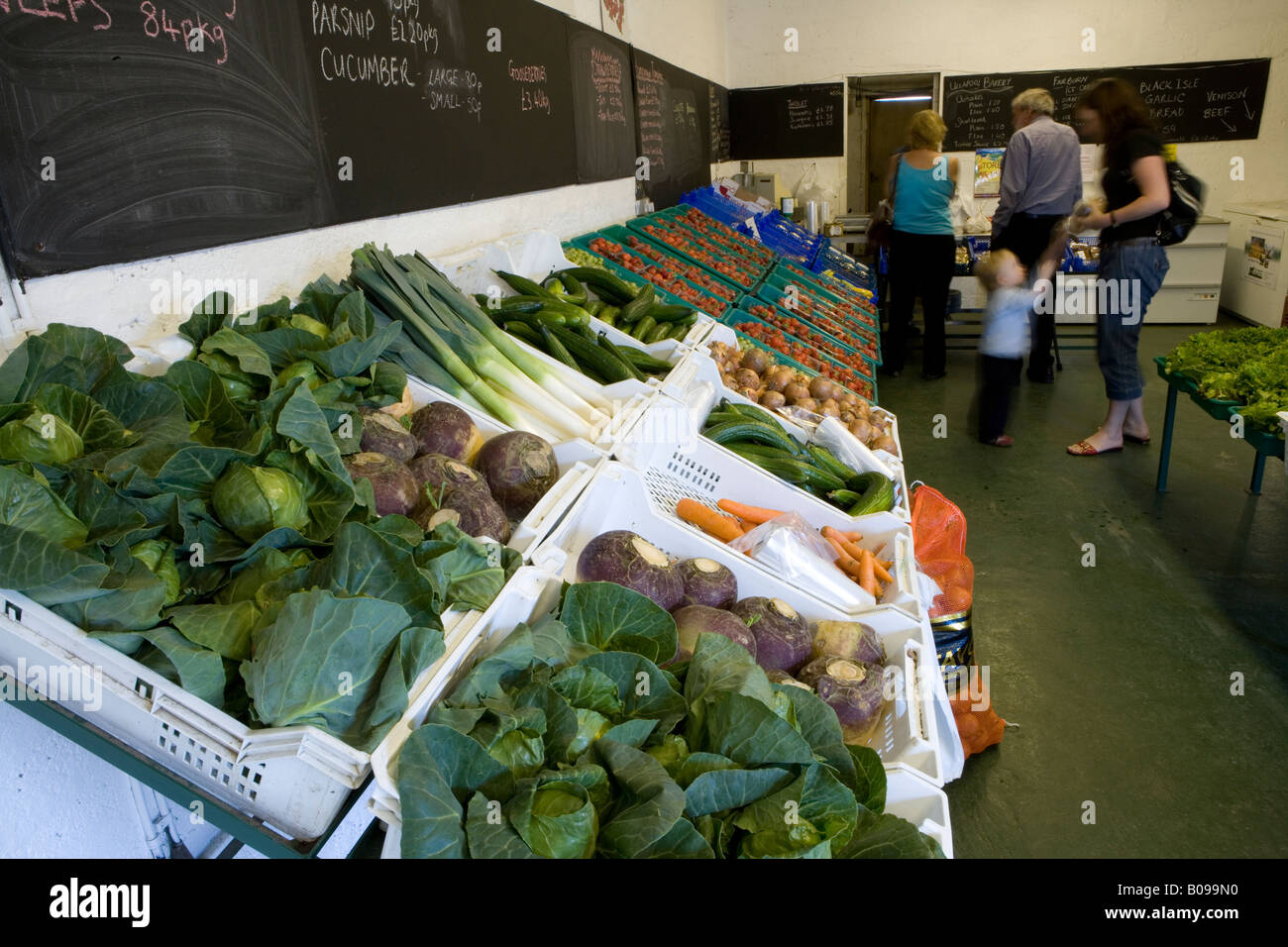 Gemüse zum Verkauf im Hofladen, Black Isle, in der Nähe von Inverness, Scotland, UK Stockfoto