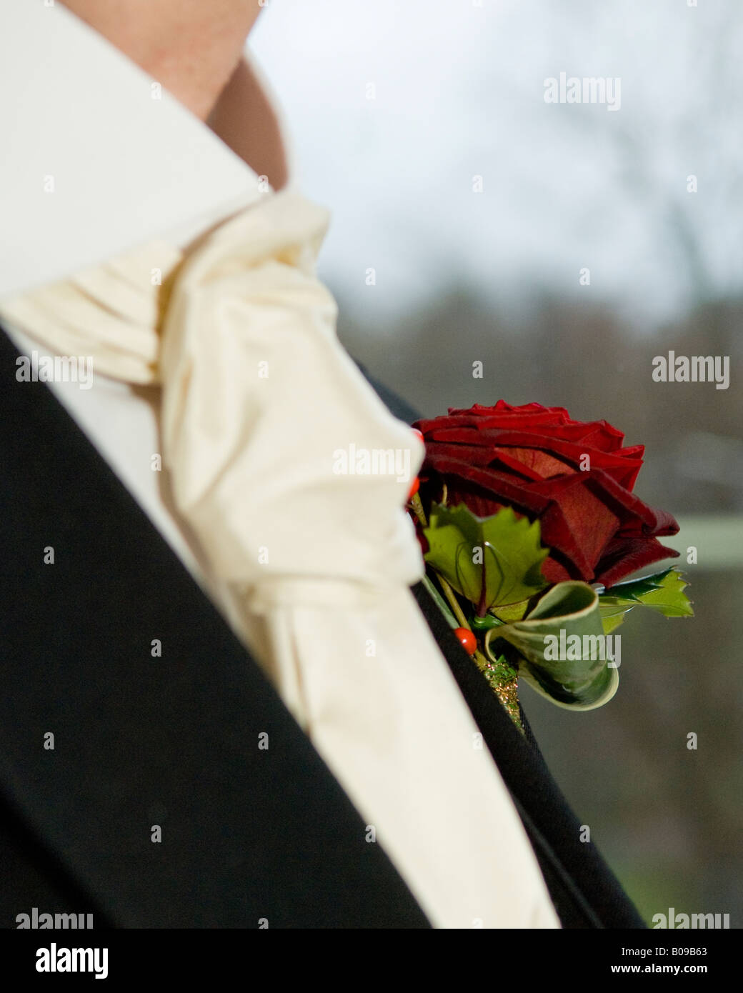 Hochzeit. Detail des Bräutigams Knopfloch. Stockfoto