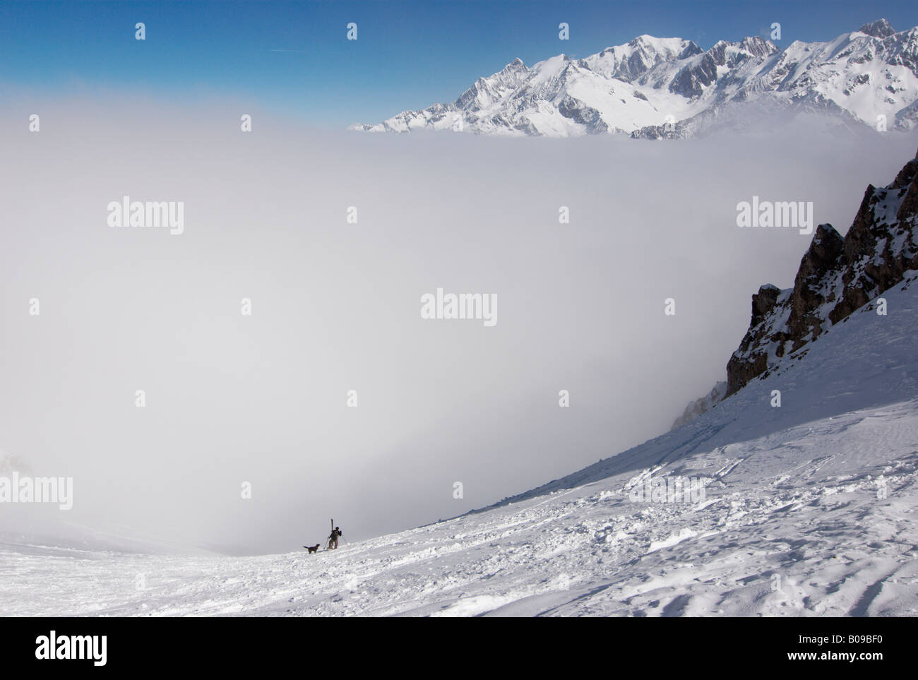 Mann mit seinem Hund auf einem Ski tour nahenden Col Cicle an einem sonnigen Wintertag über den Wolken, Mont Blanc (4808m) im Hintergrund Stockfoto