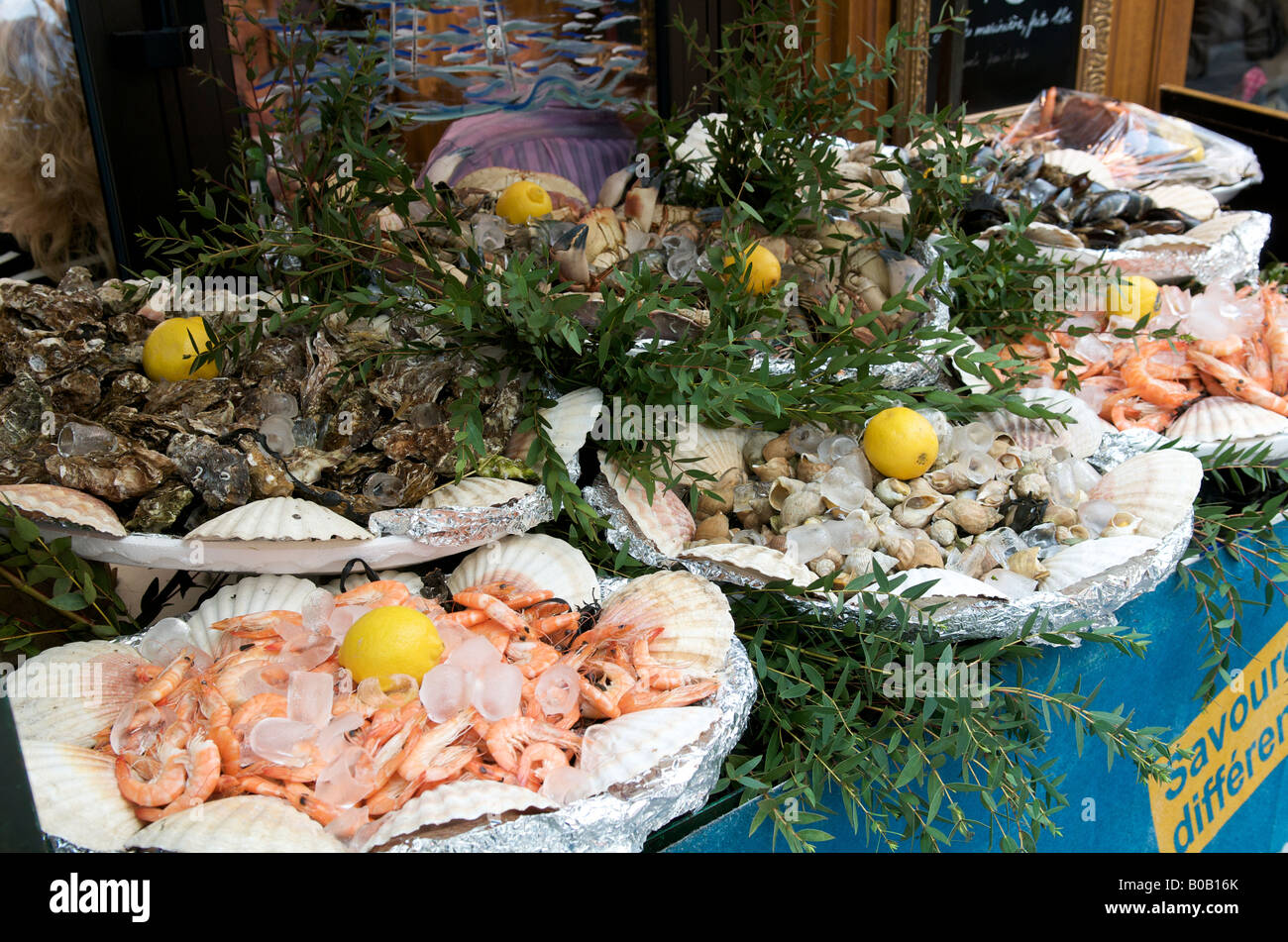 Meeresfrüchte vor Paris Restaurant im Quartier Latin Stockfoto