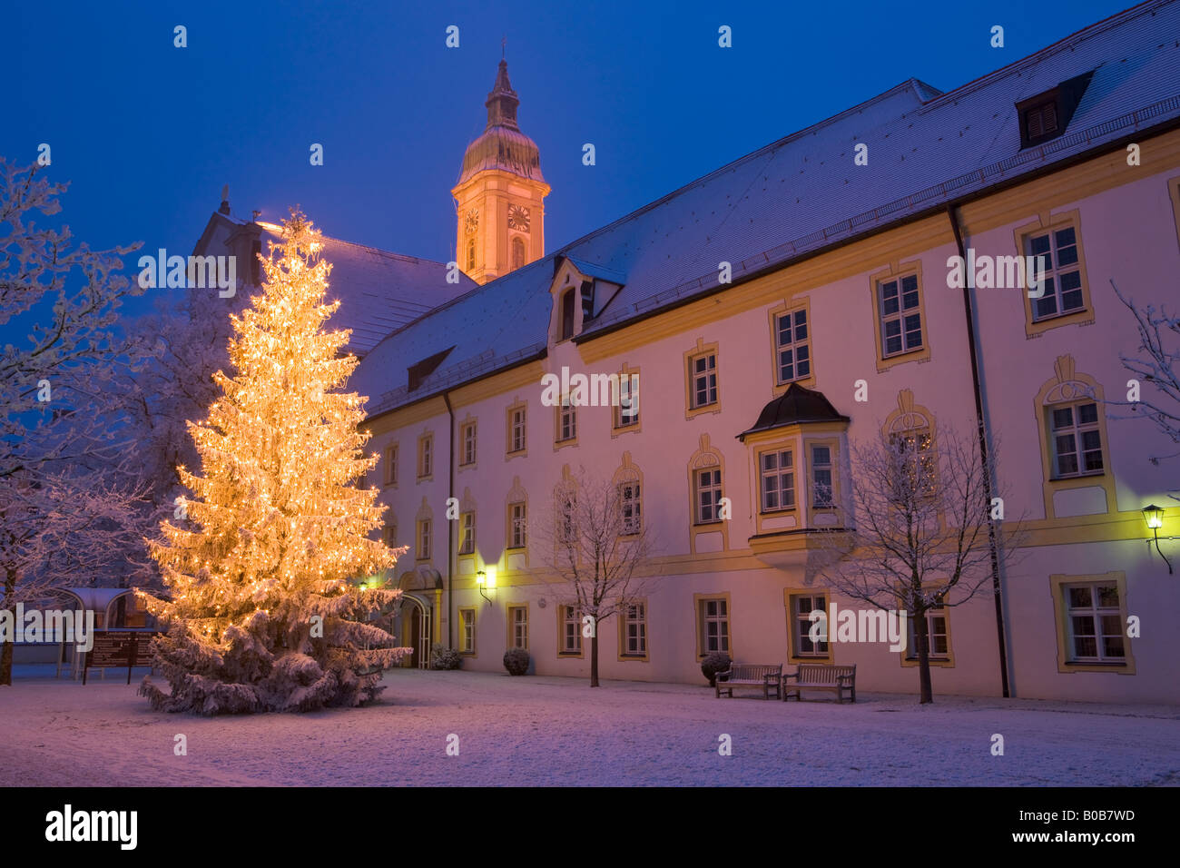 Weihnachtsbaum vor dem Landratsamt in Neustift, Freising, Bayern, Deutschland, Europa. Stockfoto