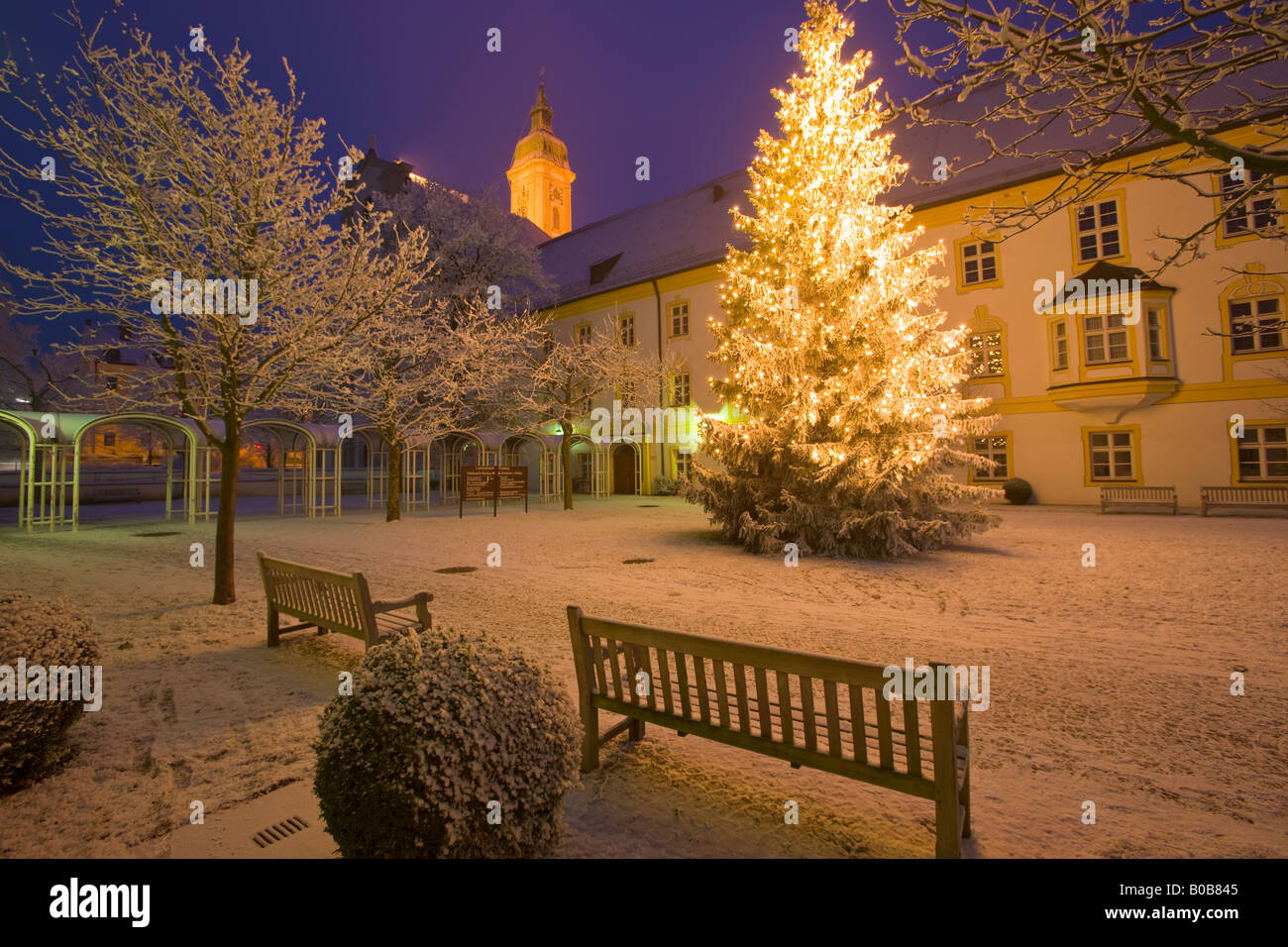 Weihnachtsbaum vor dem Landratsamt in Neustift, Freising, Bayern, Deutschland, Europa. Stockfoto