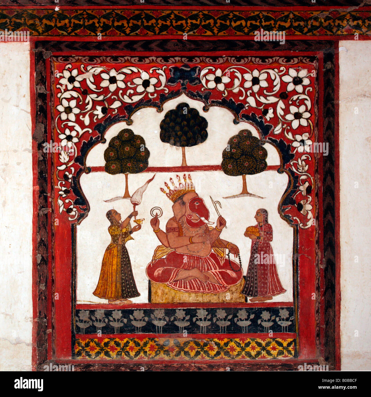 Orchha: Raj Mahal Palace: alte Wand- und Deckenmalereien Stockfoto