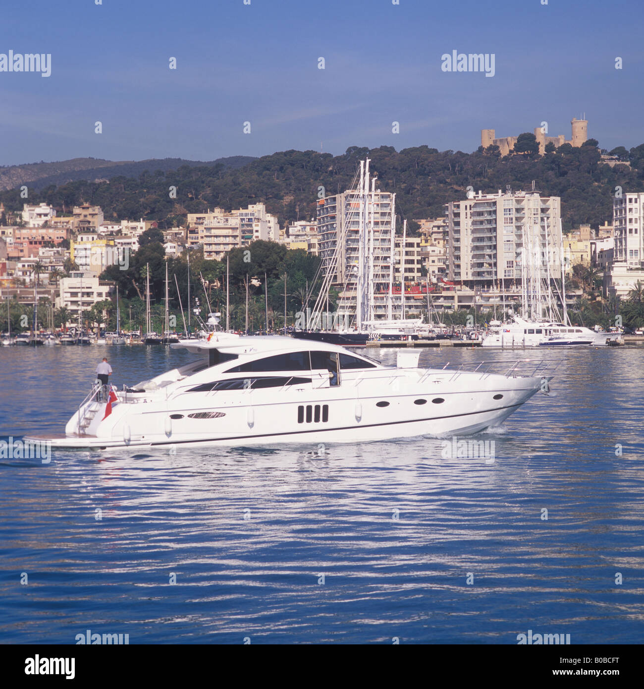 Boot zeigen gebunden Princess V70 Motoryacht in Richtung Palma International Boat Show 2008, Mallorca. Stockfoto