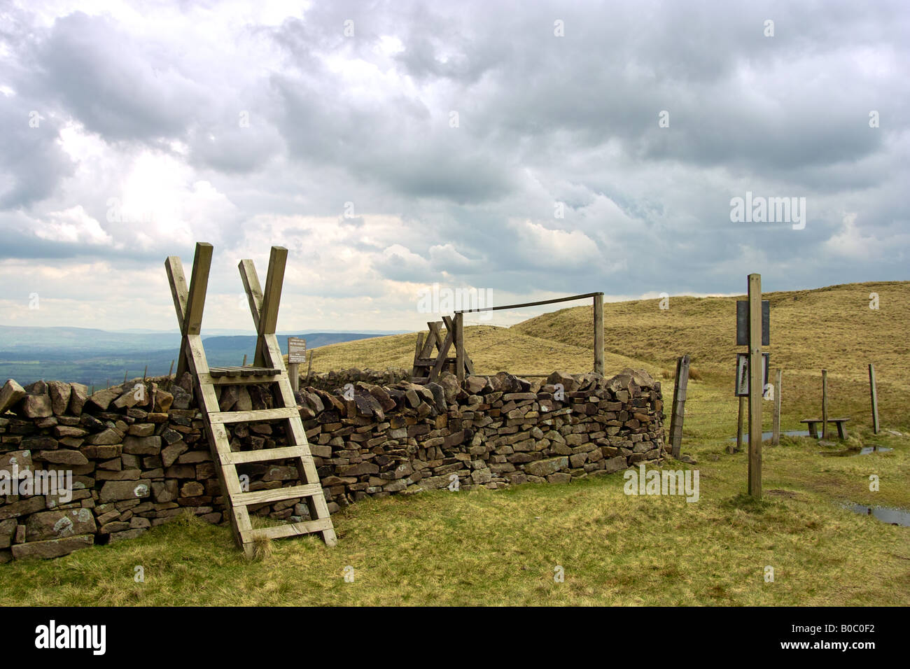 Stil über einen trockenen Stein Wand im Wald von Bowland AONB, Lancashire. Stockfoto