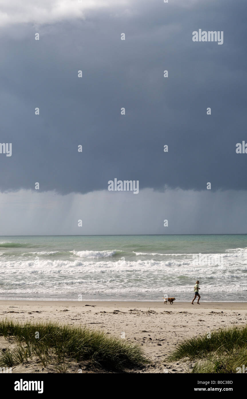 junge Frauen mit Hund am Strand mit Wolken im Hintergrund laufen Stockfoto