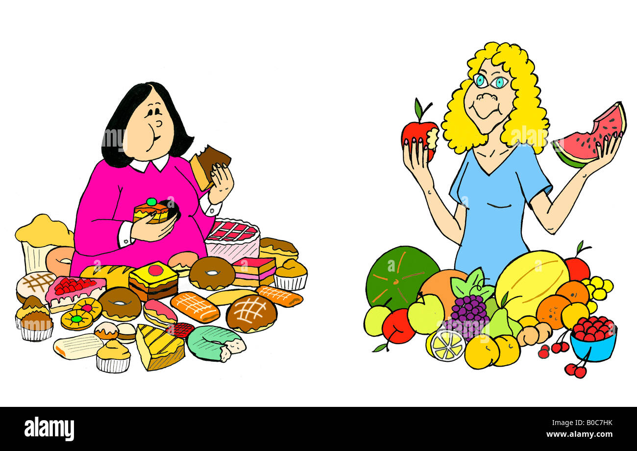 Abbildung: Frau Süßigkeiten essen und Frau Obst zu essen. Stockfoto