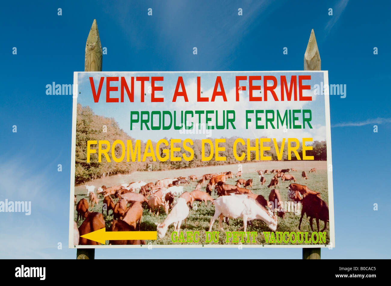 Fromage de Chevre Fermier - farm Ziegenmilch Käse Zeichen, Frankreich. Stockfoto