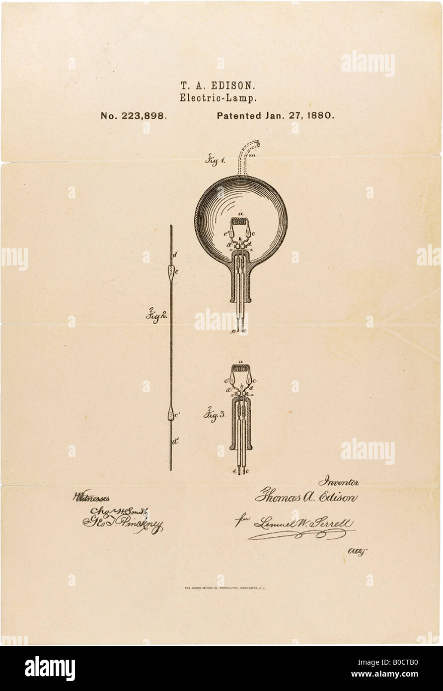Thomas Edisons Patent für eine Verbesserung der elektrischen Lampen zeichnen 27. Januar 1880 patentiert Stockfoto