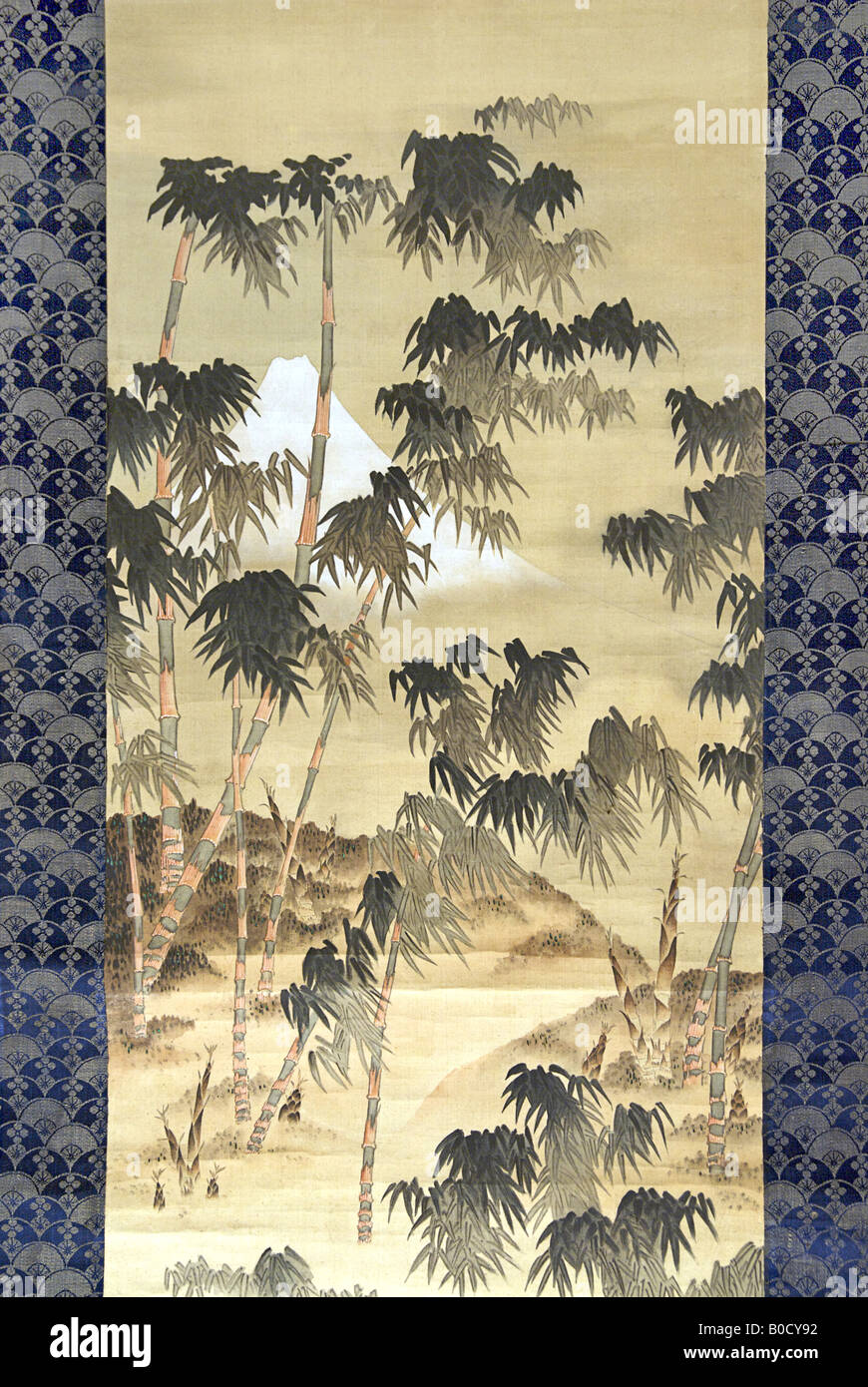 MOUNT FUJI DURCH DEN BAMBUS-HAIN. Detail eines Gemäldes auf Seide von Katsushika Hokusai Stockfoto
