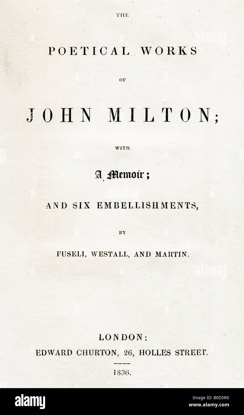 Titelblatt der antiquarischen Buch The poetische Werke von John Milton von Edward Churton Holles Street London 1835 veröffentlicht Stockfoto