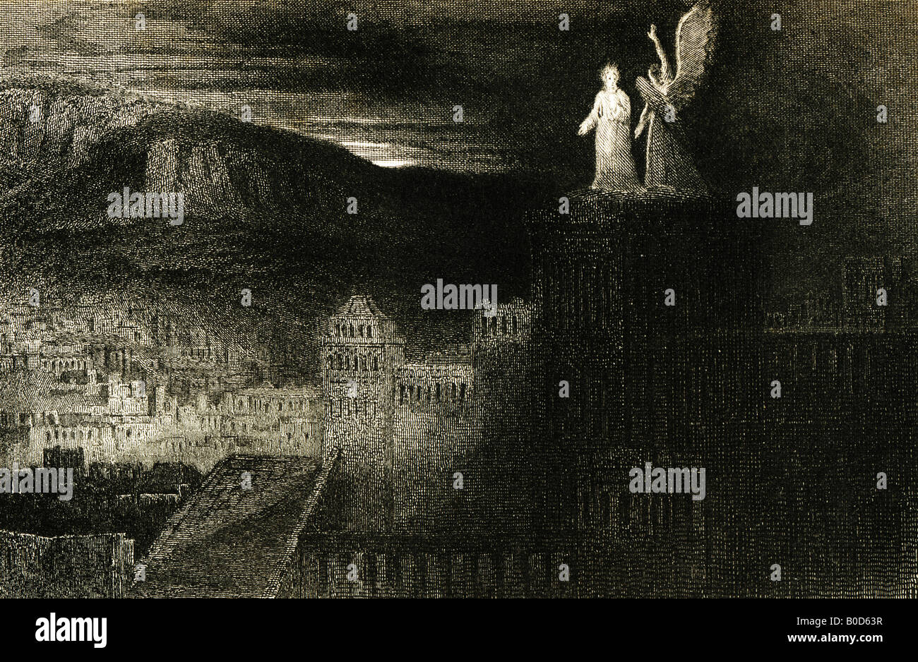 19. Jahrhundert, die Gravur der dritten Versuchung 1835 aus einem Gemälde von Martin J aus John Miltons Paradies wiedergewonnen Buch 1 Stockfoto