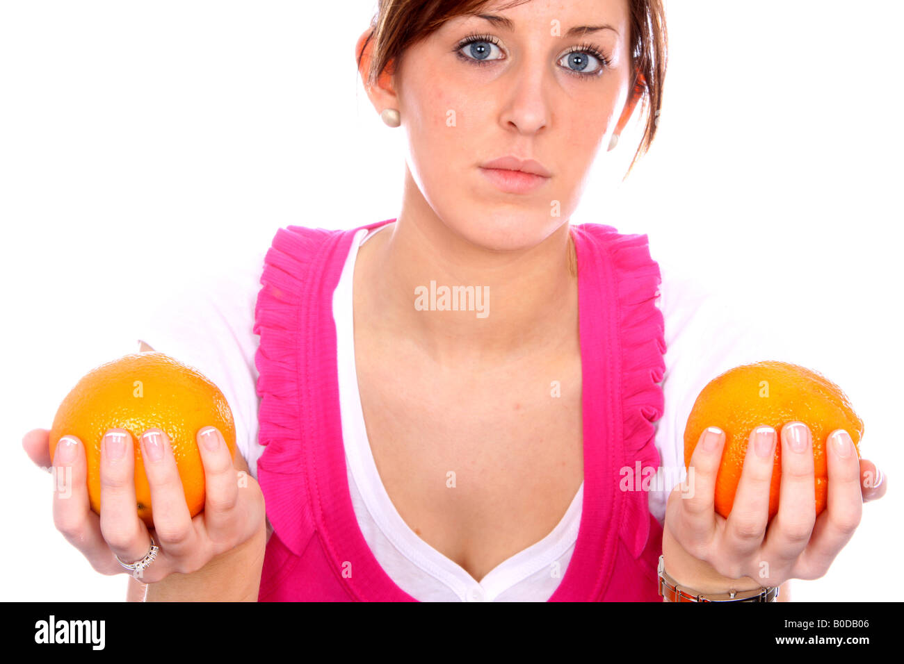 Teenage Girl Holding Orangen Model Released Stockfoto