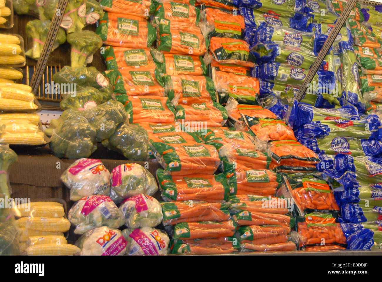 Bunte Gemüse sind in einem Hallenschiff produzieren ein Lebensmittelgeschäft aufgereiht. Stockfoto