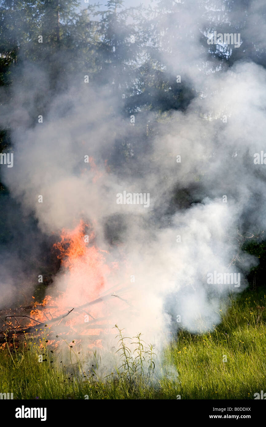 Weißer Rauch und brennendes Feuer im Freien, Finnland Stockfoto
