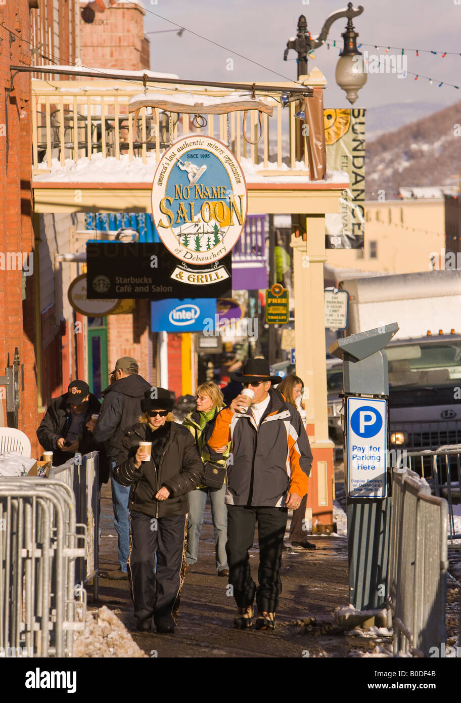 PARK CITY UTAH USA Menschen auf Main Street Bürgersteig beim Sundance Film Festival Stockfoto