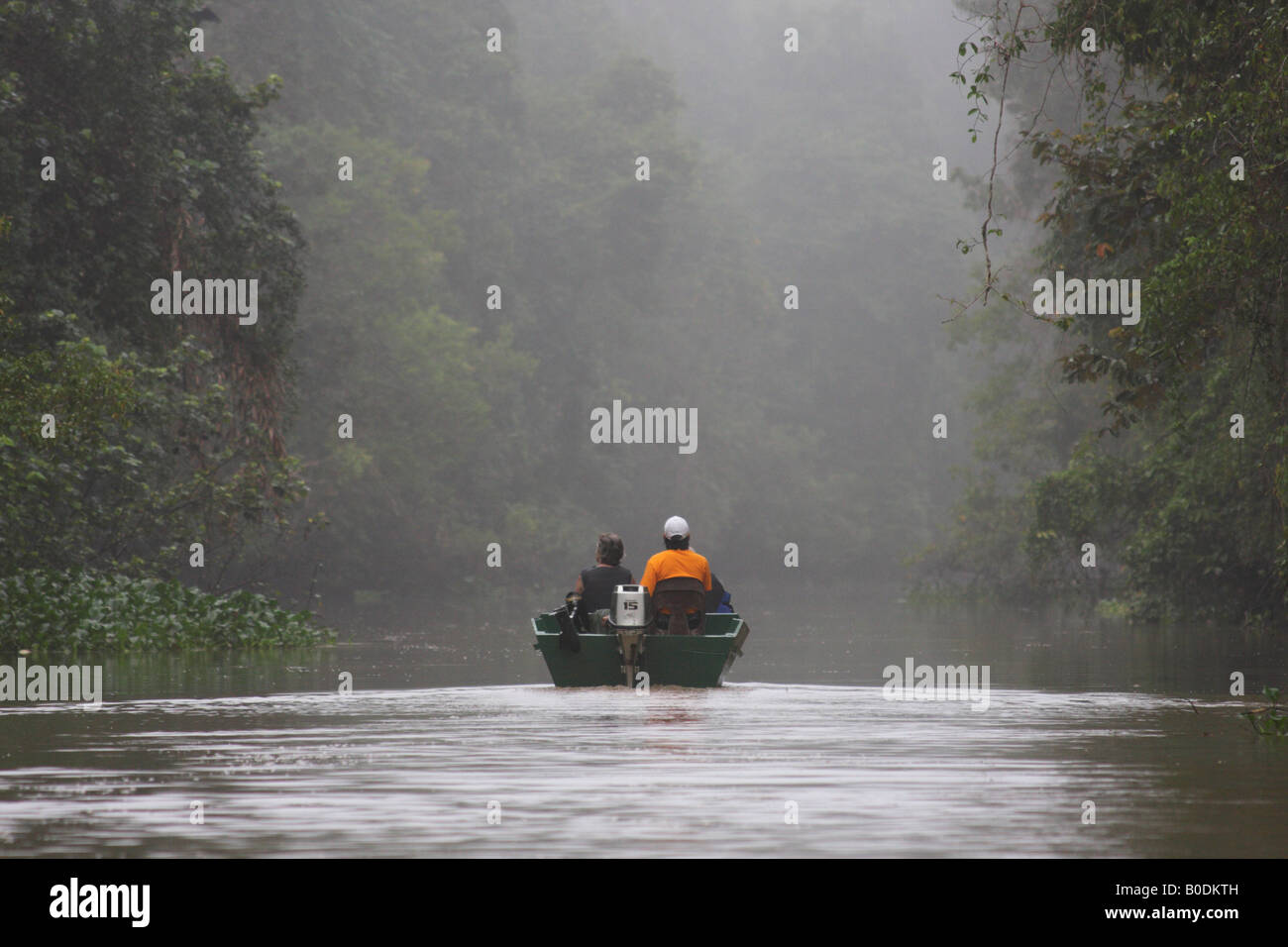 Touristen, die Bootsfahrt entlang Dschungelfluss, Sukau, Sabah, Malaysia Borneo Stockfoto