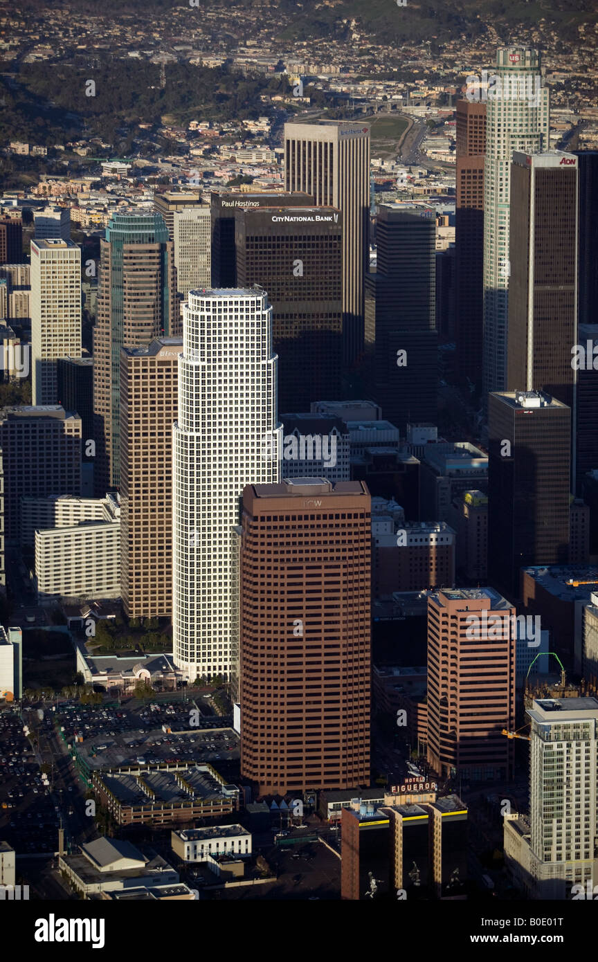 Luftaufnahmen über der Innenstadt von Los Angeles, Kalifornien, Paul Hastings Bank of America City National Bank Aon US-Bank-Gebäude Stockfoto