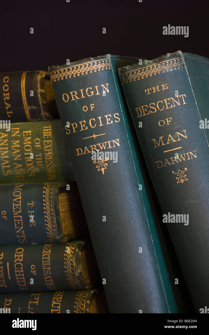 Bücher von Charles Darwin einschließlich On the Origin of Species und die Abstammung des Menschen Stockfoto