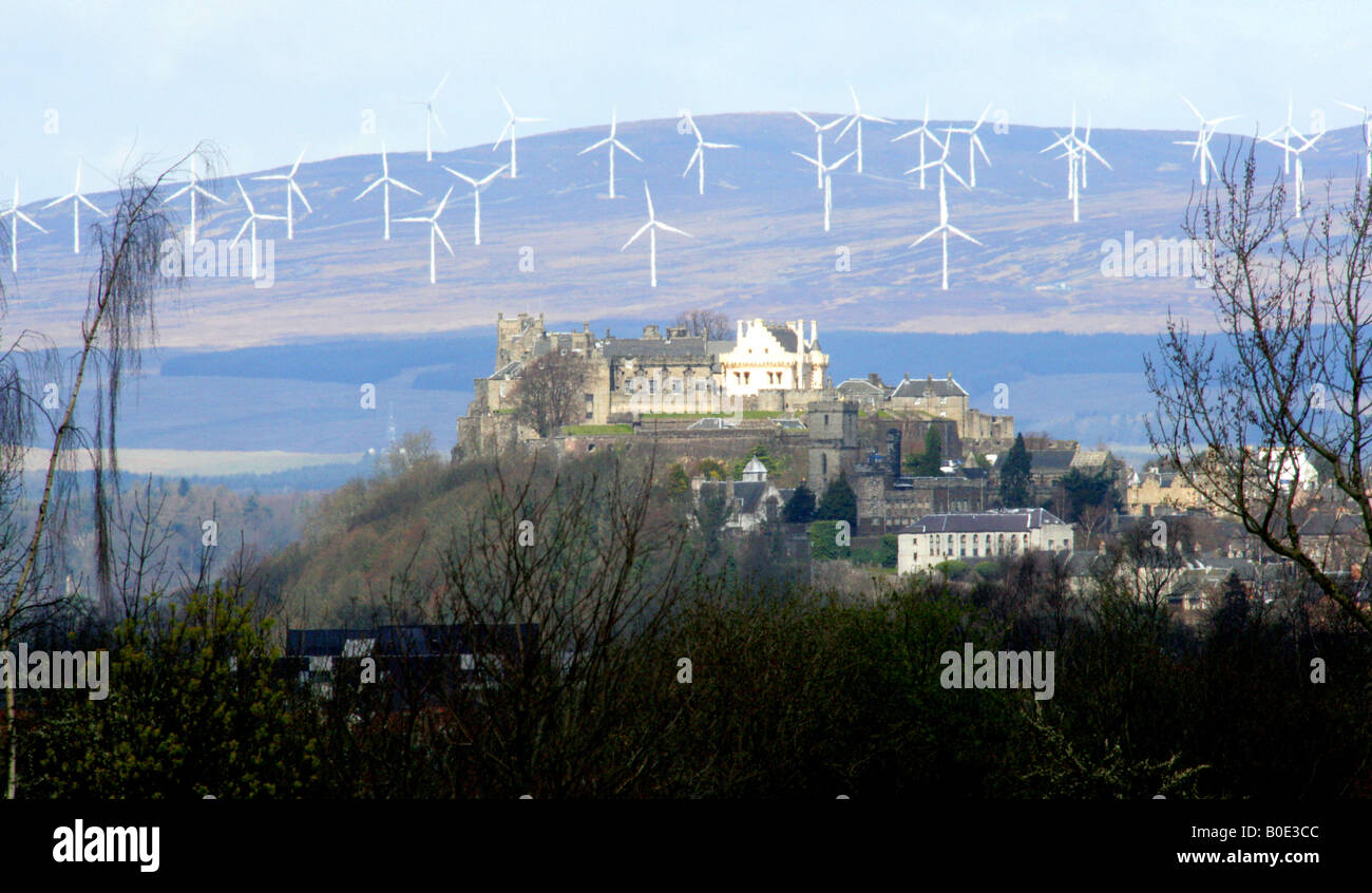 DIE BRAES O DOUNE WIND TURBINE FARM ÄNDERT DIE ANSICHT VON STIRLING CASTLE SCHOTTLAND GROßBRITANNIEN BEGANN MIT DER PRODUKTION FEBRUAR DIESES JAHRES 2008 Stockfoto