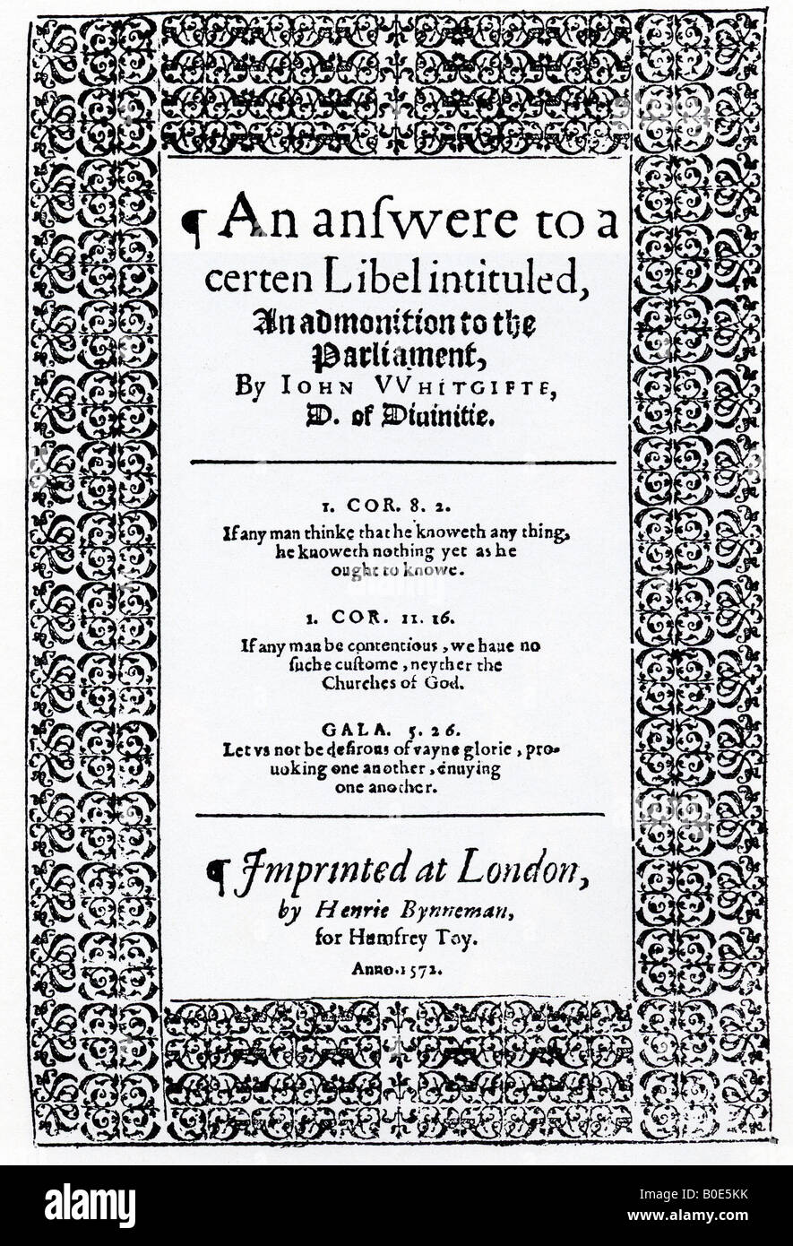 EINE Antwort zu A CERTAIN Verleumdung durch John Whitgift veröffentlicht 1572 Reaktion auf Puritain Forderung nach einer Reform der anglikanischen Kirche Stockfoto