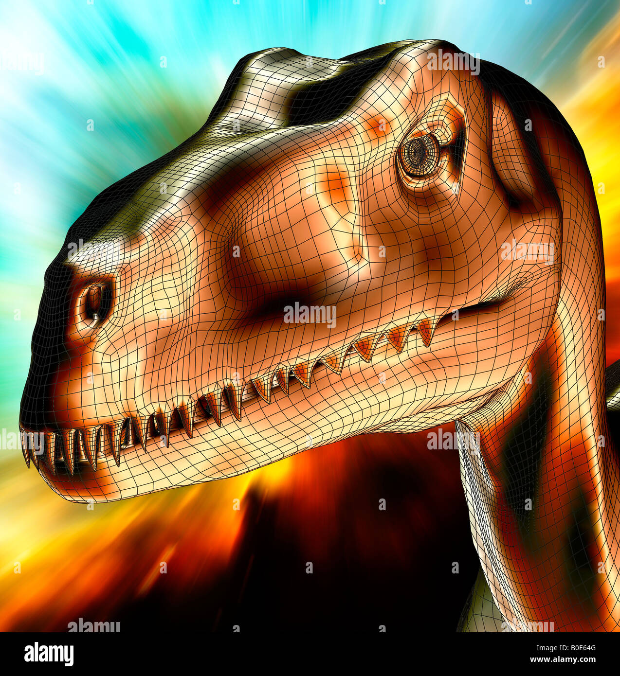 computergenerierte prähistorische Dinosaurier Deinonychus Nahaufnahme des Kopfes Galaxie Hintergrund Stockfoto