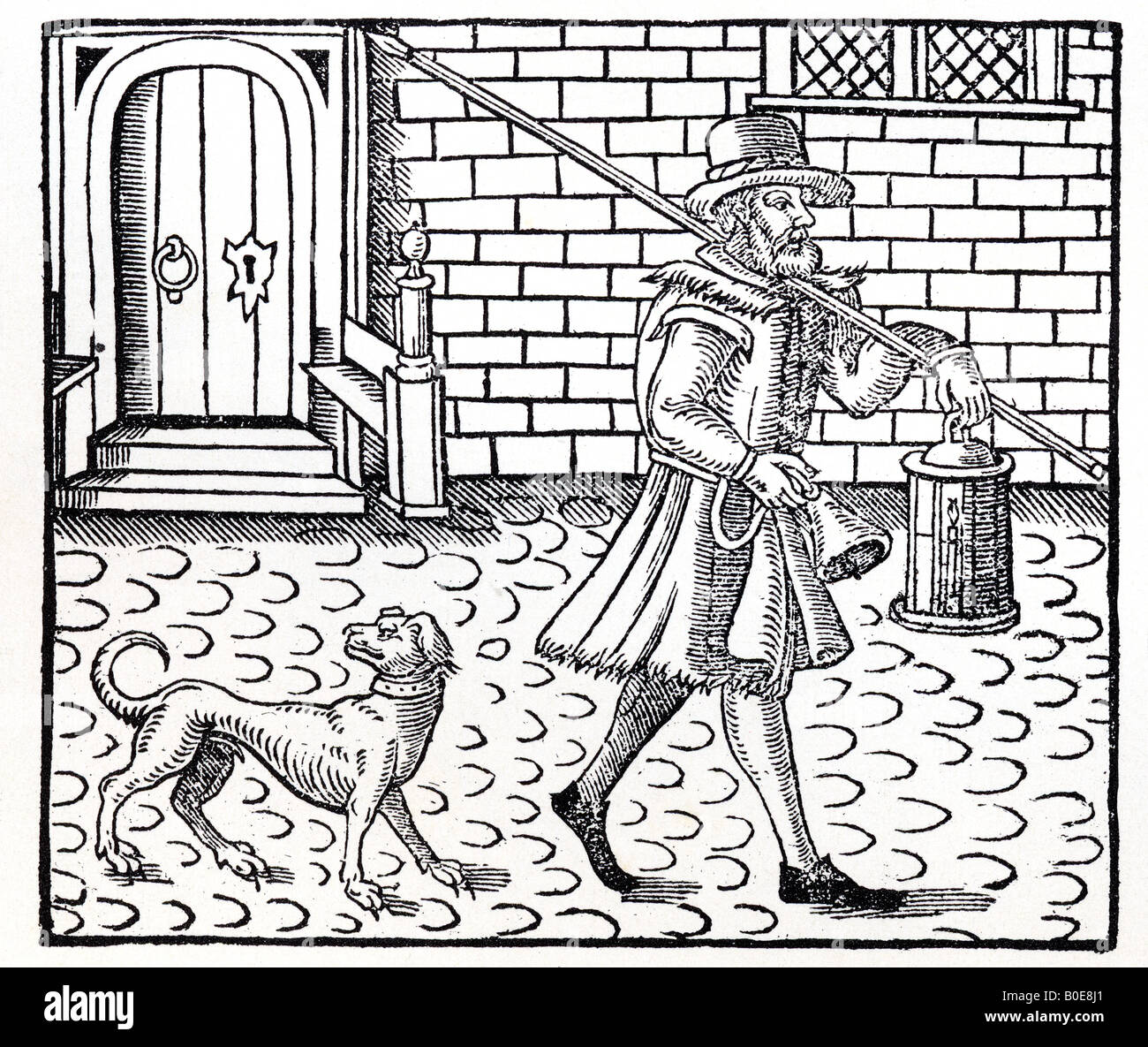 ELIZABETHAN Nachtwächter mit seinem Hund in einem Holzschnitt-Gravur Stockfoto