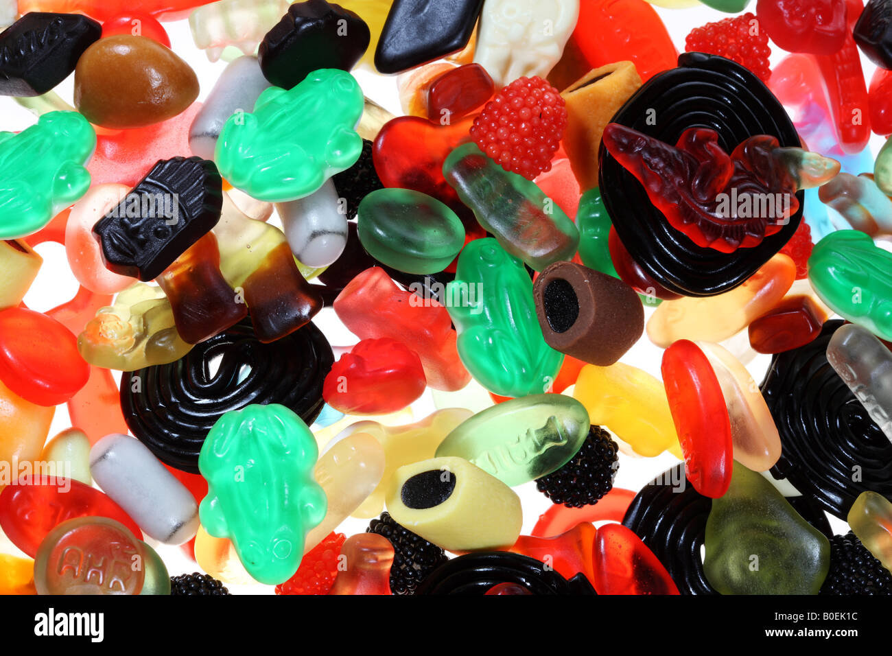 Verschiedene Süßigkeiten Schweiß Gelee Zahnfleisch und Lakritze Stockfoto