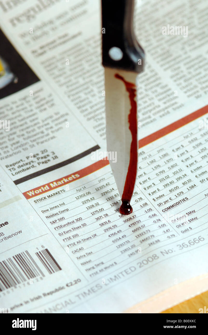 ein blutiges Messer stechen die Aktienkurse in einer Zeitung Stockfoto