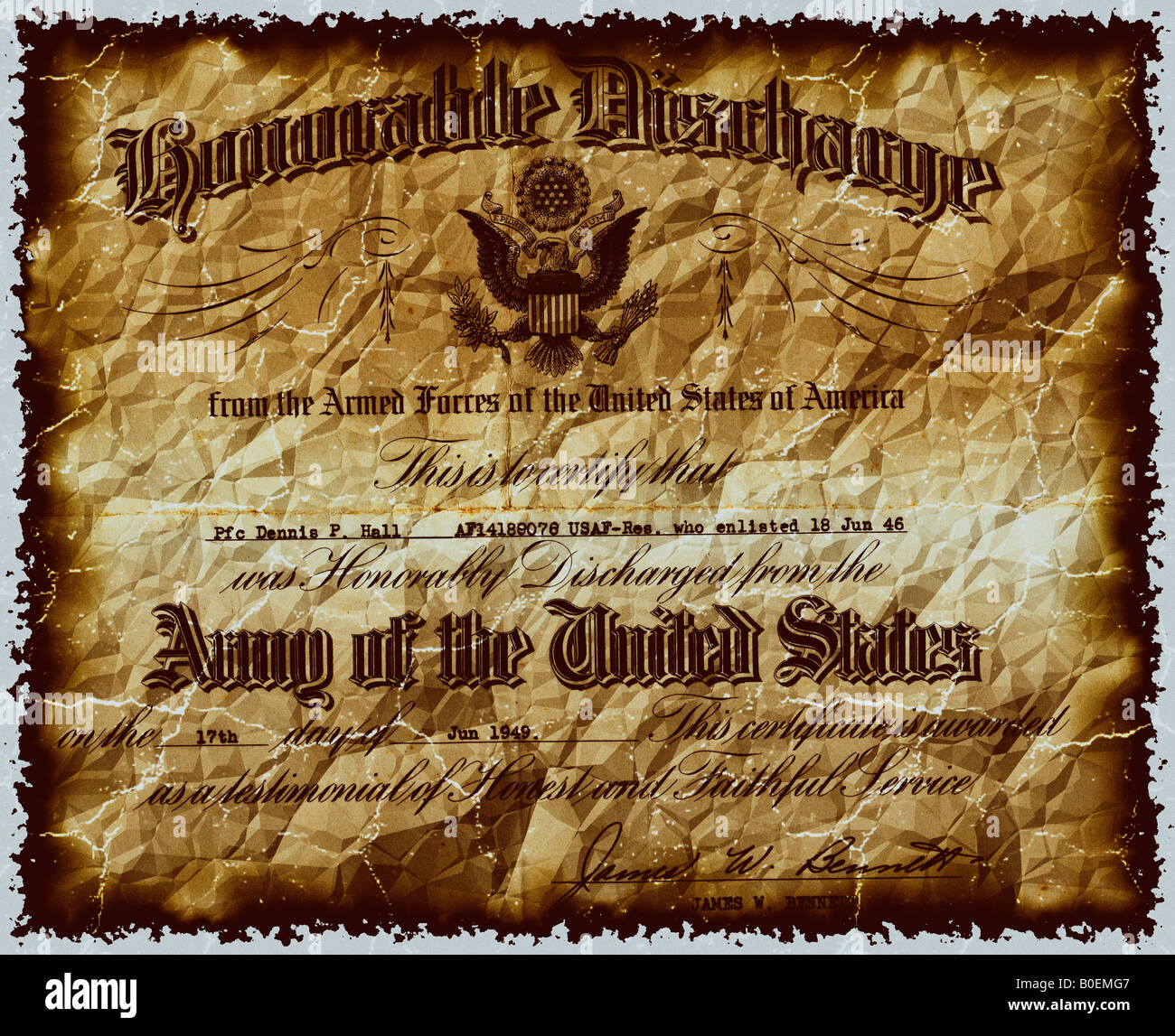 Vereinigte Staaten Armee ehrenhafte Entlassung Dokument wiederhergestellt aus Hausbrand Stockfoto