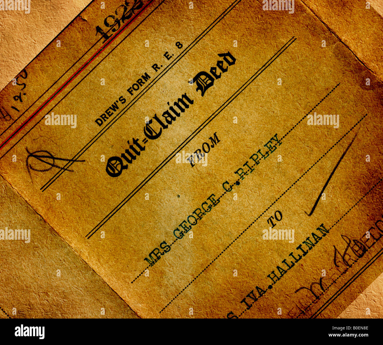 100 Jahre alten Quit-Anspruch-Urkunde für eine Wohnimmobilie in Florida Stockfoto