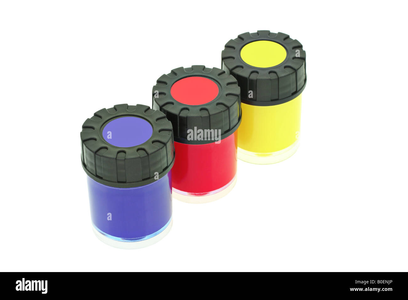 Drei Flaschen Grundfarbe Farben auf weißem Hintergrund Stockfoto