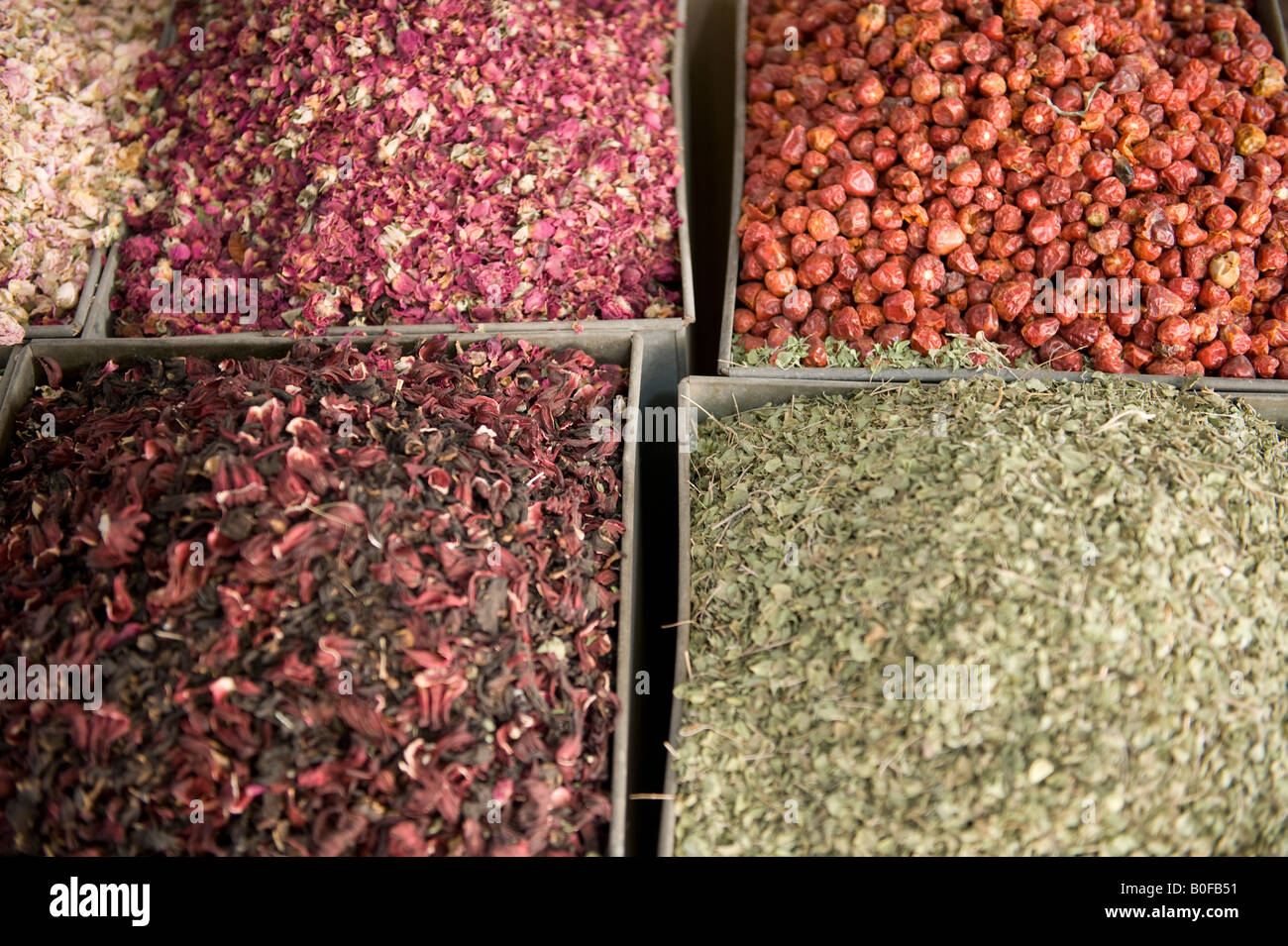 Dubai, Vereinigte Arabische Emirate. Die Spice Souk (Markt). Rosenblätter, Chilis und Oregano Stockfoto