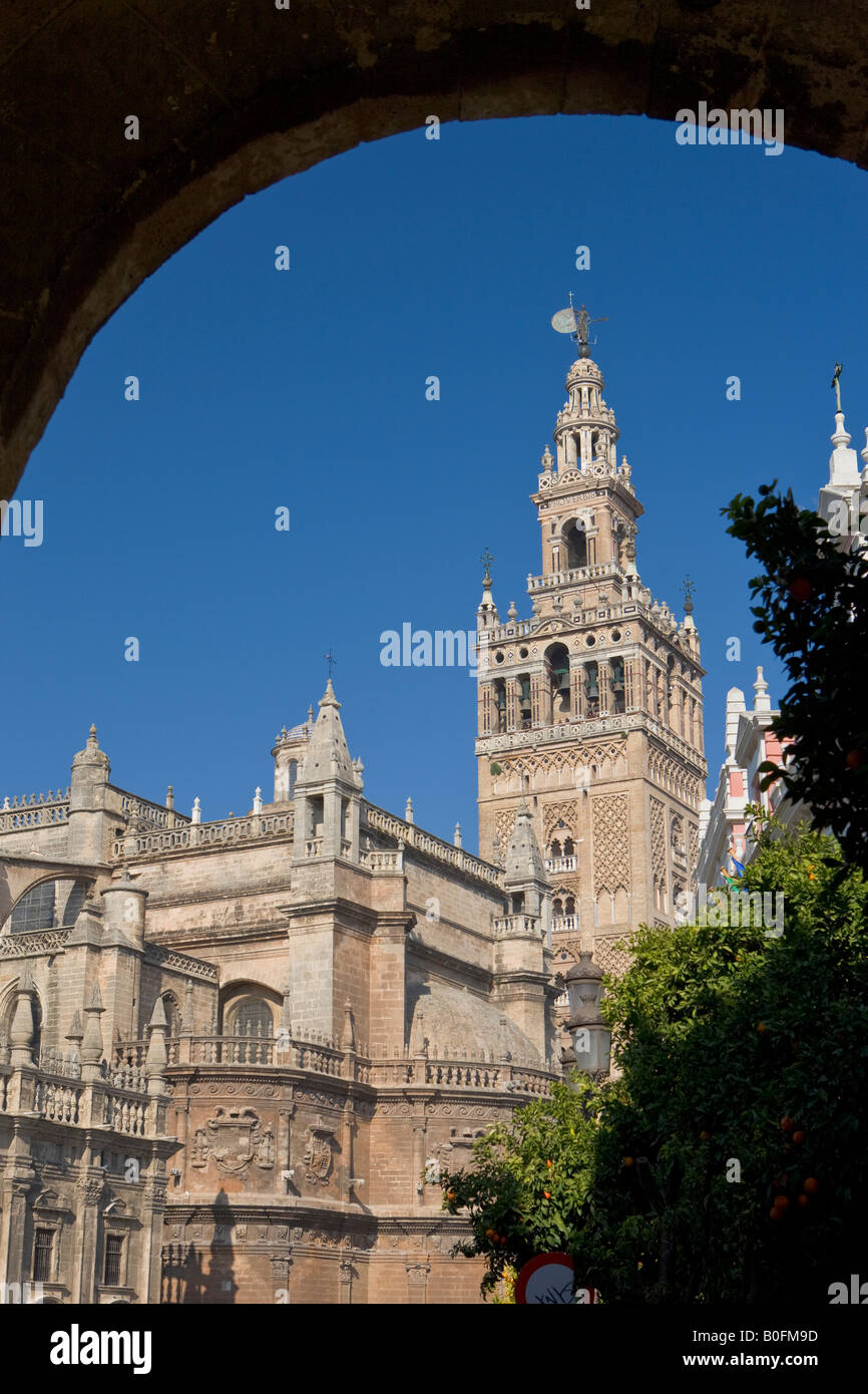 Kathedrale von Sevilla und La Giralda, ein UNESCO-Weltkulturerbe, durch das Tor des Real Alcazar aus gesehen Stockfoto