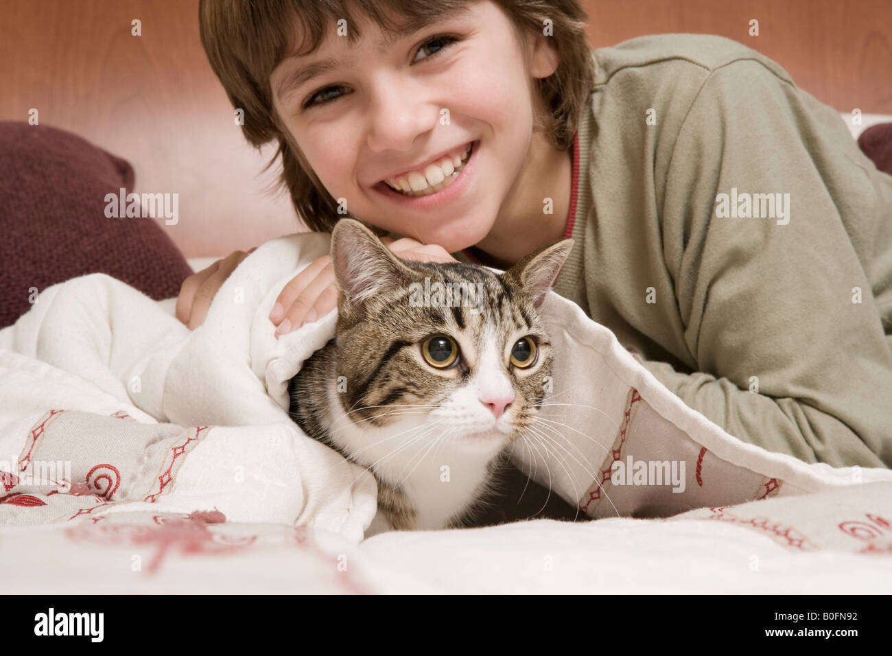 Junge mit Katze Stockfoto