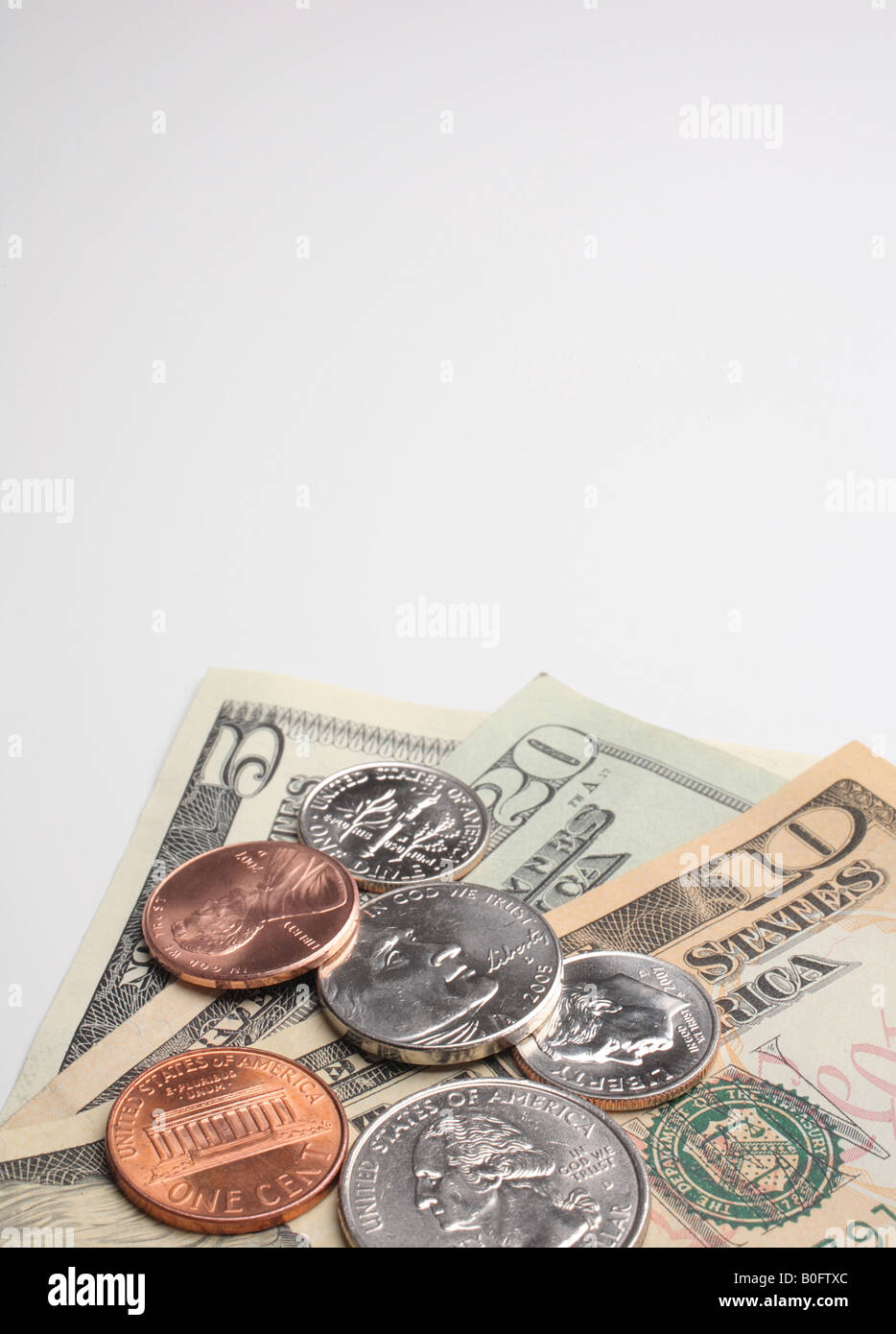 mehreren konfessionelle US-Gelder auf weiß mit Text oben Stockfoto