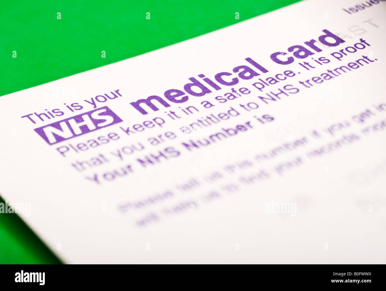 Britische NHS Anzahl Medical Card Stockfoto