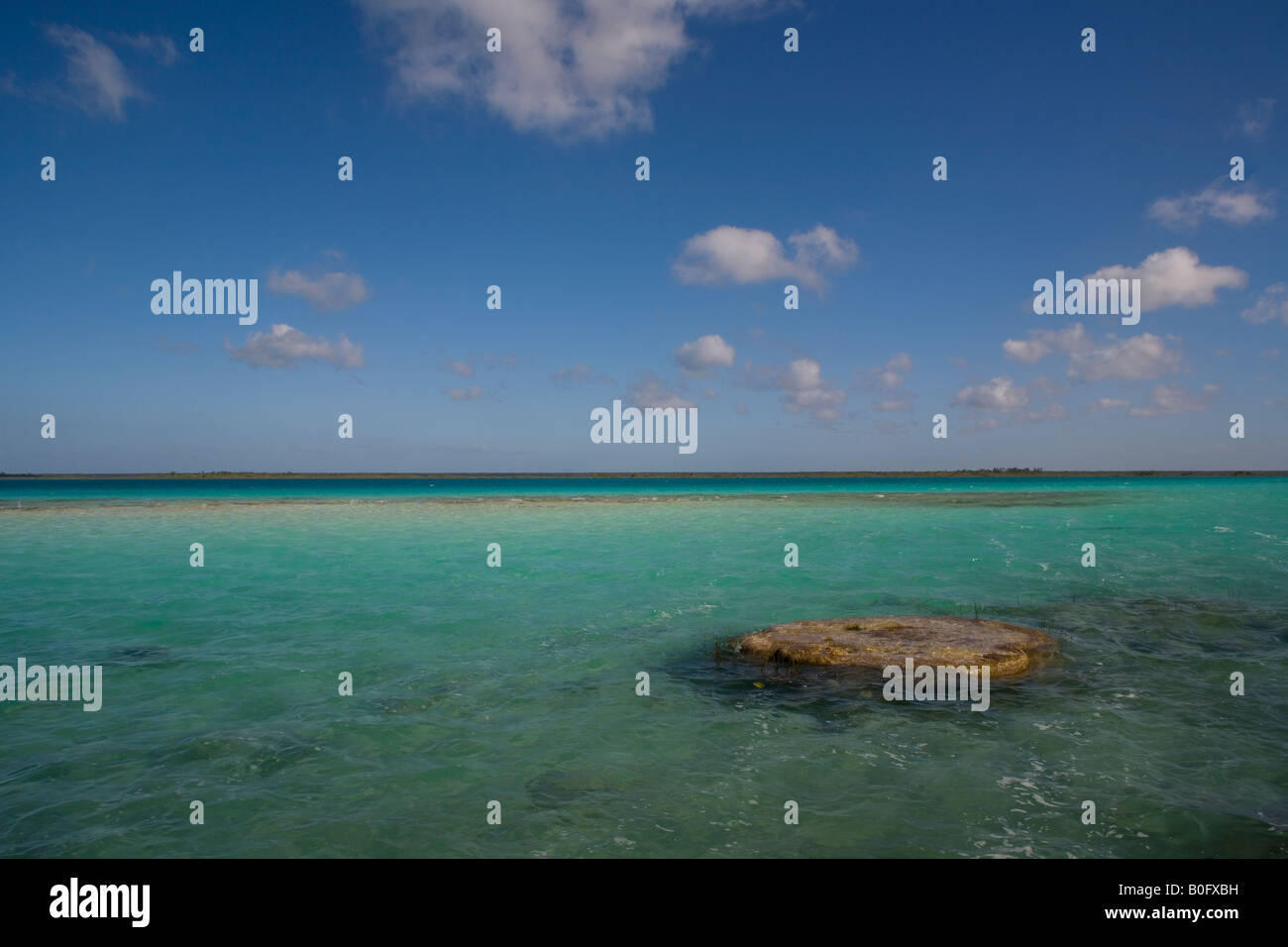 LAGUNA BACALARS EXOTISCHEN TROPISCHEN STRAND MIT BLAUER HIMMEL, WEIßE WOLKEN UND CRYSTAL TIRQUAZ SEEWASSER Stockfoto