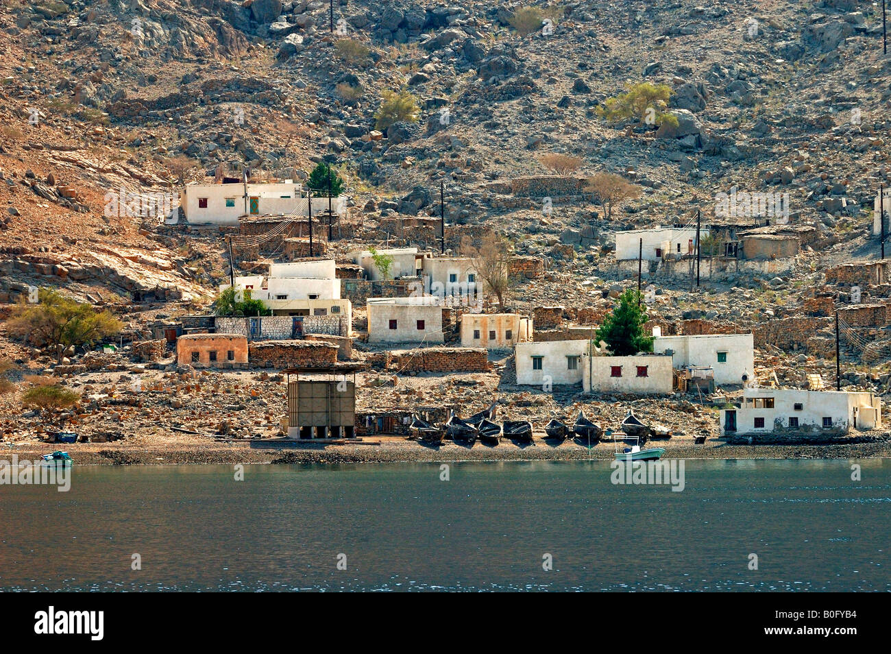 Qanaha-Dorf in der Bucht Khor Shimm am Ufer des Persischen Golfs, Musandam, Sultanat von Oman Stockfoto