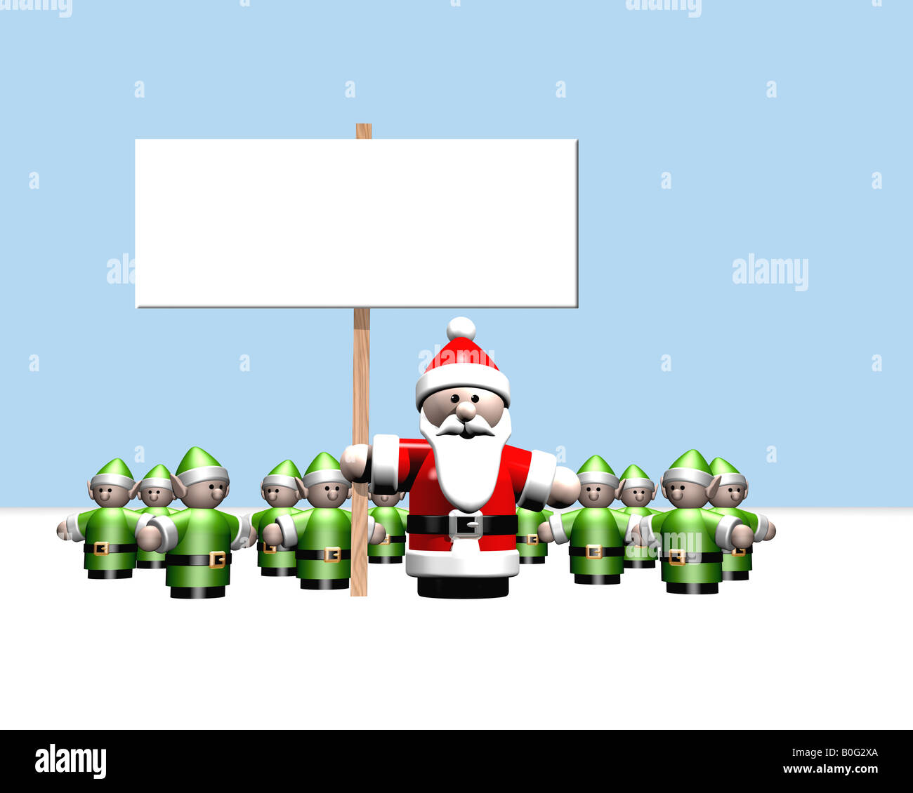 Santa stehend am Nordpol umgeben von seinen kleinen Helfer in grün gekleidet Stockfoto