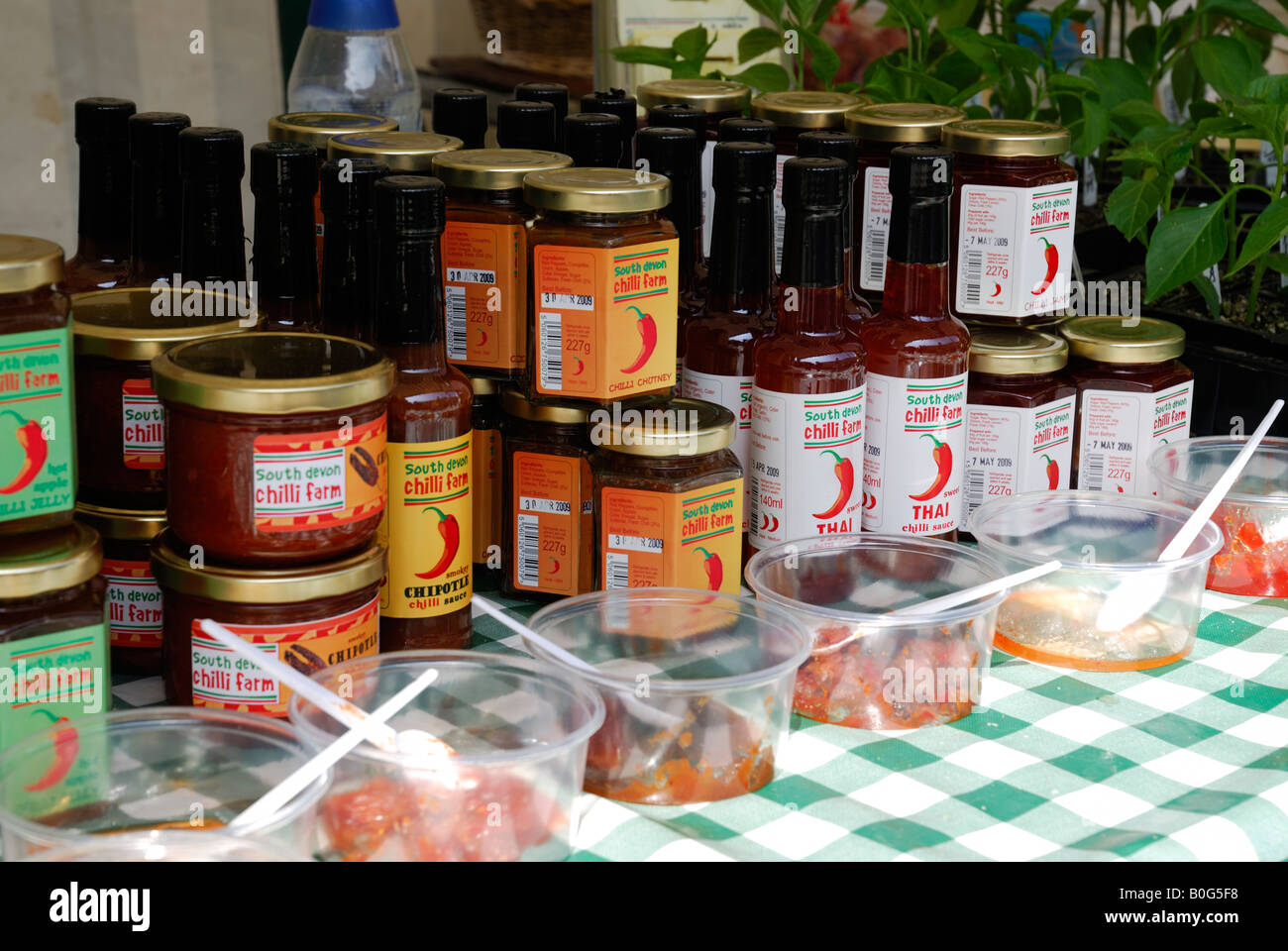 Chili Saucen und Chutneys zum Verkauf auf einem Bauernmarkt in Plymouth, Devon, UK, South Devon Chili Farm gemacht Stockfoto