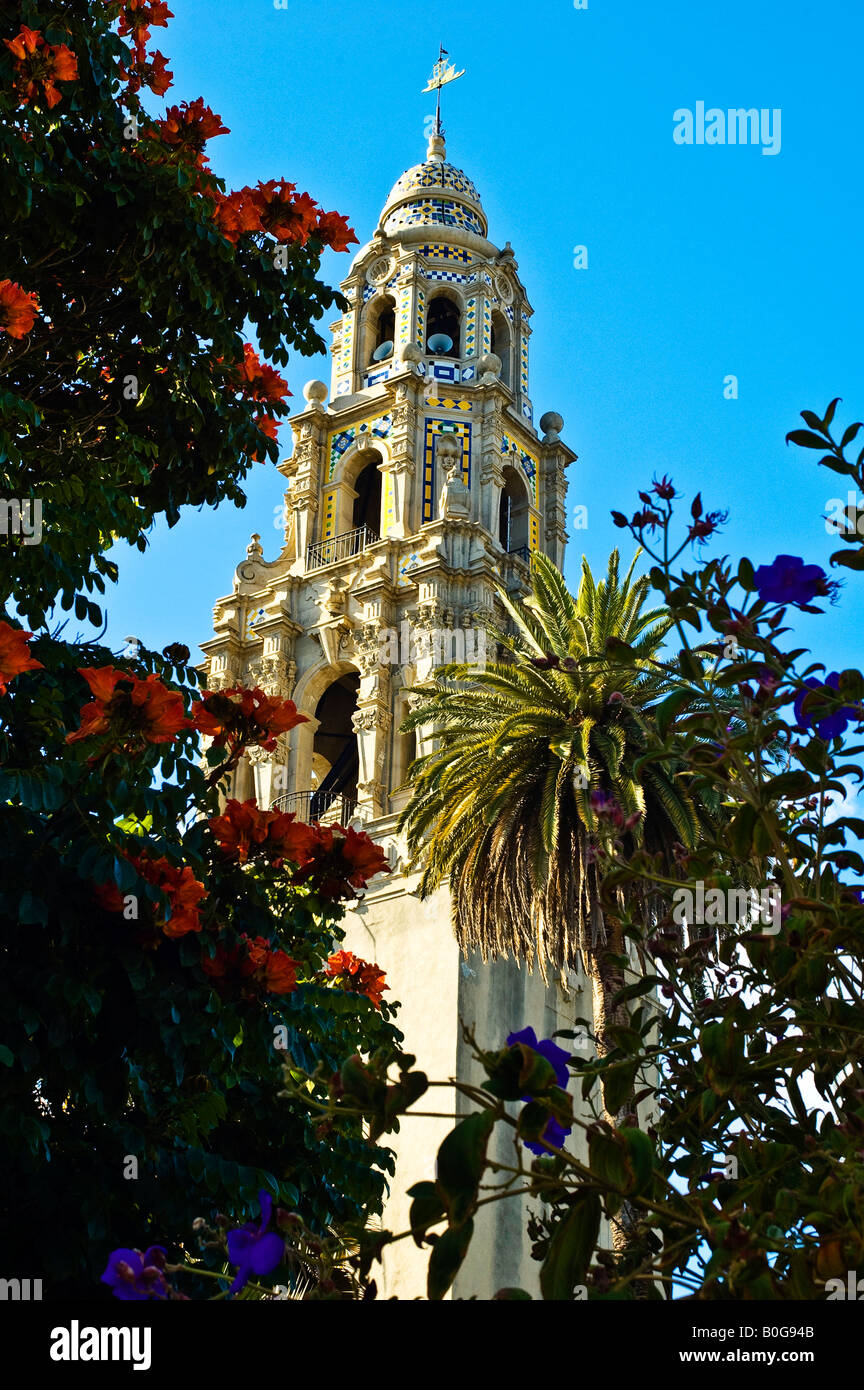 Schöne Stein und Fliesen Kirchturm betrachtet durch die blühenden Bäume gegen strahlend blauem Himmel im Balboa Park, San Diego, Ca Stockfoto