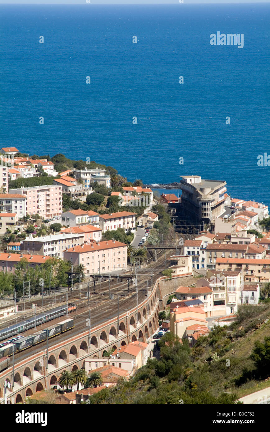 Cebere Frankreich französische Stadt an der Französisch Spanisch Boarder Mittelmeer Küste kostalen Eisenbahn Hof rangieren Track wechseln Stockfoto