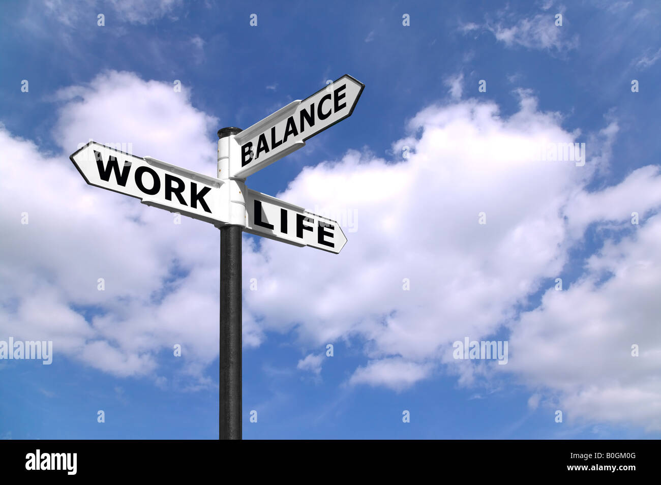 Konzept Lebensstil Bild der Regie Work Life Balance vor einem blauen bewölkten Himmel Wegweiser Stockfoto