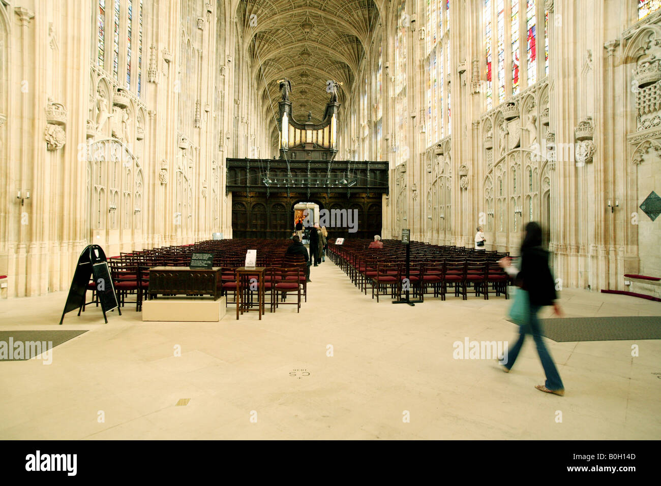 Cambridge UK Tourismus; Touristen bewundern das Innere des prächtigen Innenraums der Kings College Chapel, Kings College, Cambridge, UK Stockfoto