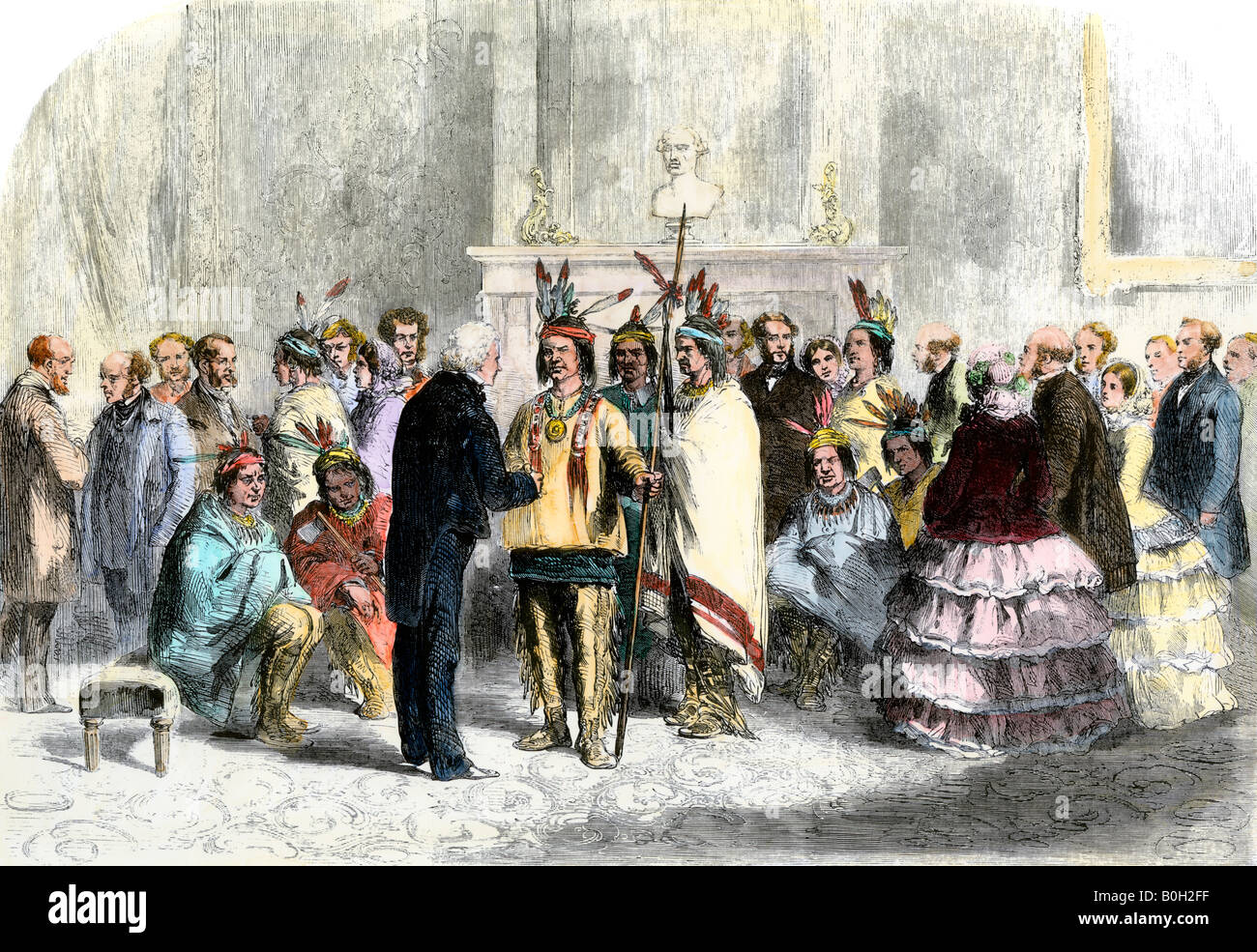 Präsident James Buchanan verleitet kriegführenden Pawnees und Poncas 1850 die Hände zu schütteln. Hand - farbige Holzschnitt Stockfoto